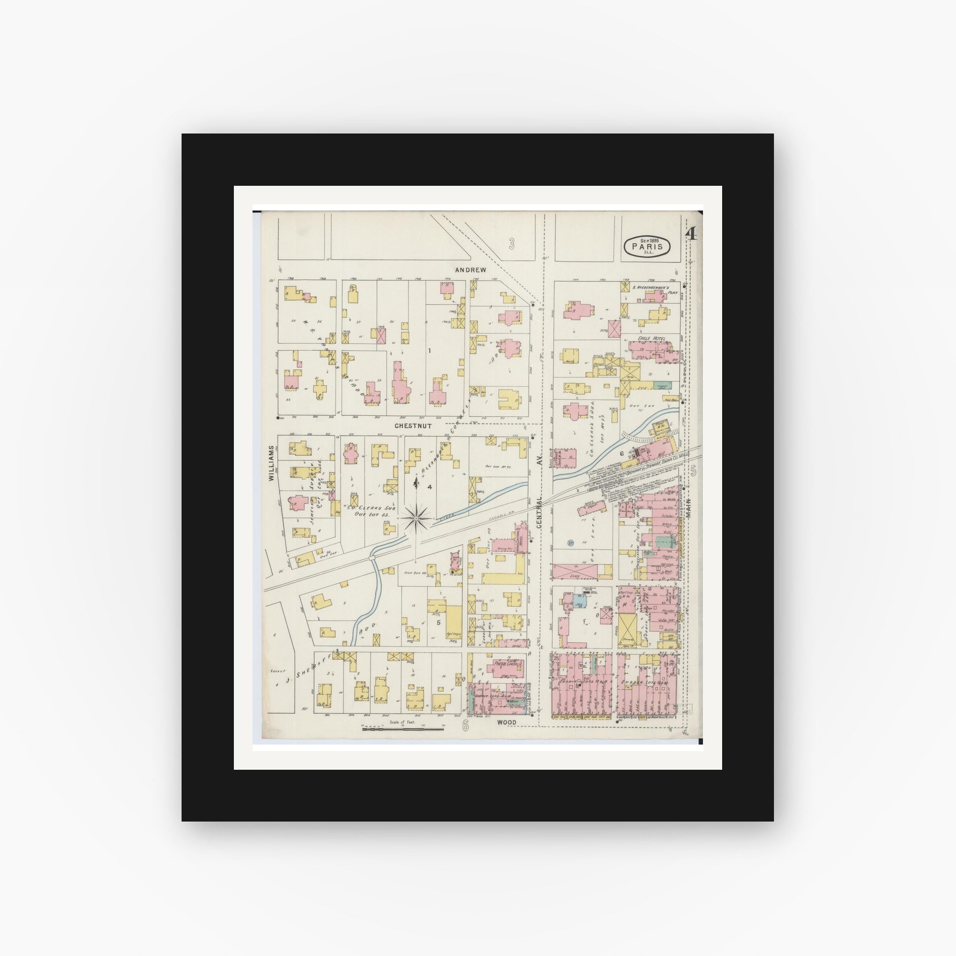 Old map wall art mockup — black gallery frame with white mat — Sanborn Fire Insurance Map from Paris, Edgar County, Illinois (1895), Sheet #0004