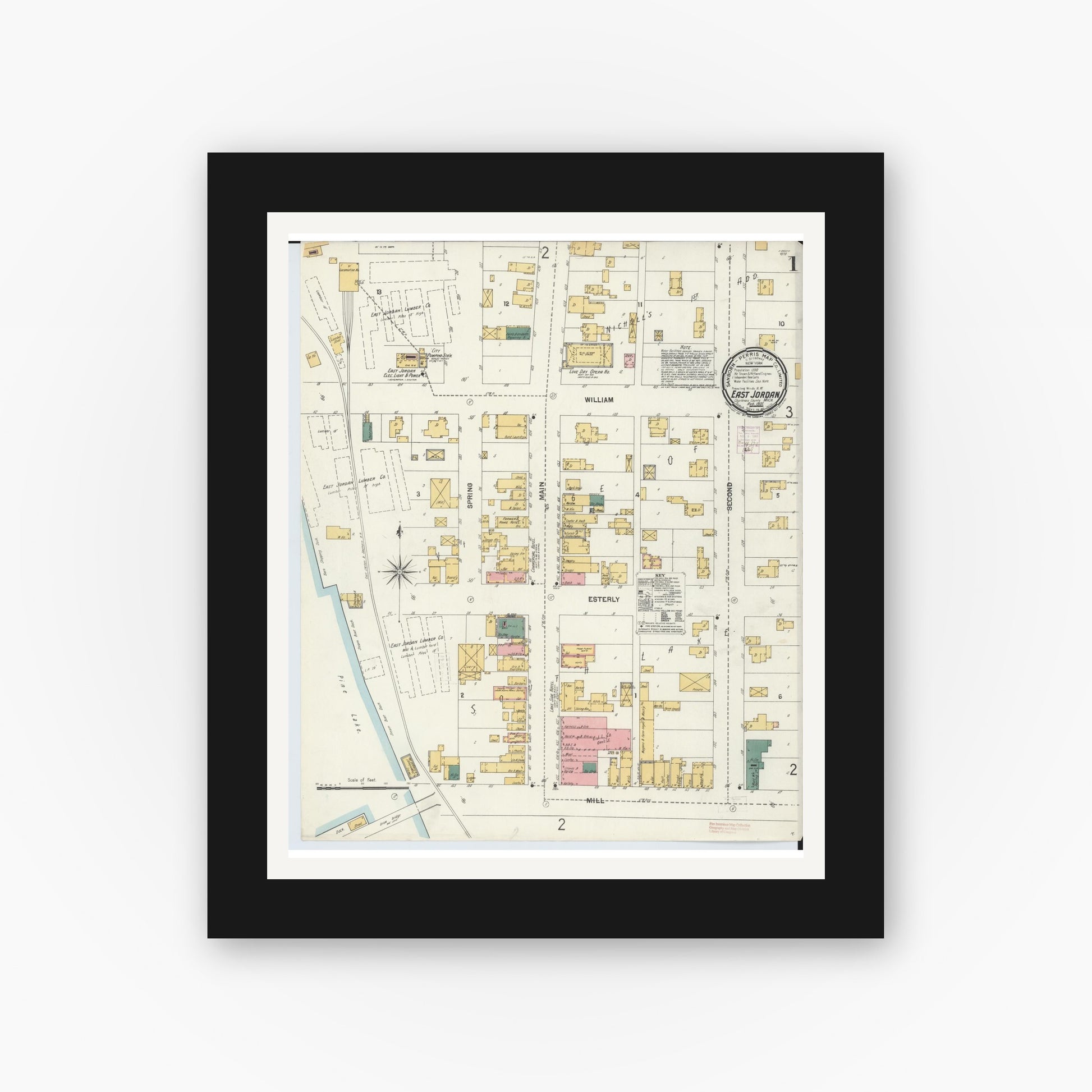 Old map wall art mockup — black gallery frame with white mat — Sanborn Fire Insurance Map from East Jordan, Charlevoix County, Michigan (1901) - Complete Map Set