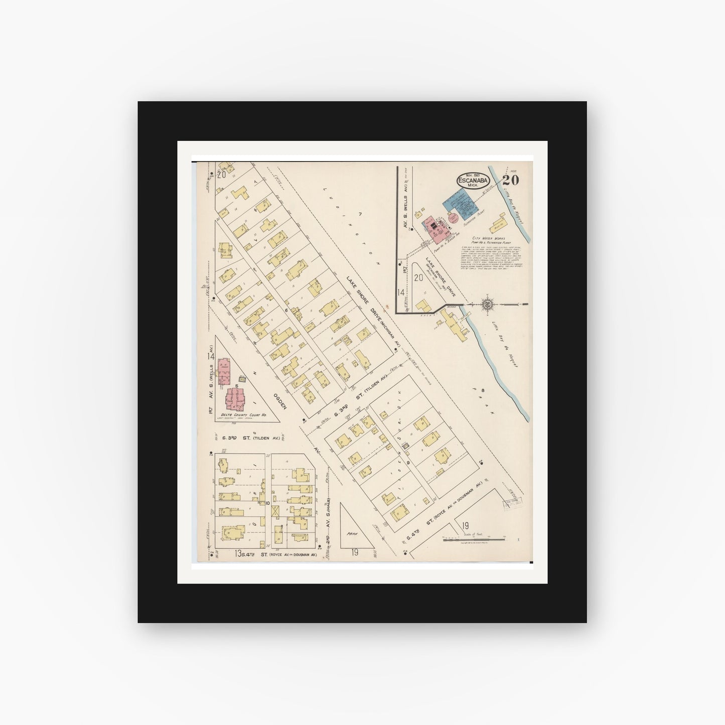 Old map wall art mockup — black gallery frame with white mat — Sanborn Fire Insurance Map from Escanaba, Delta County, Michigan (1921), Sheet #0020
