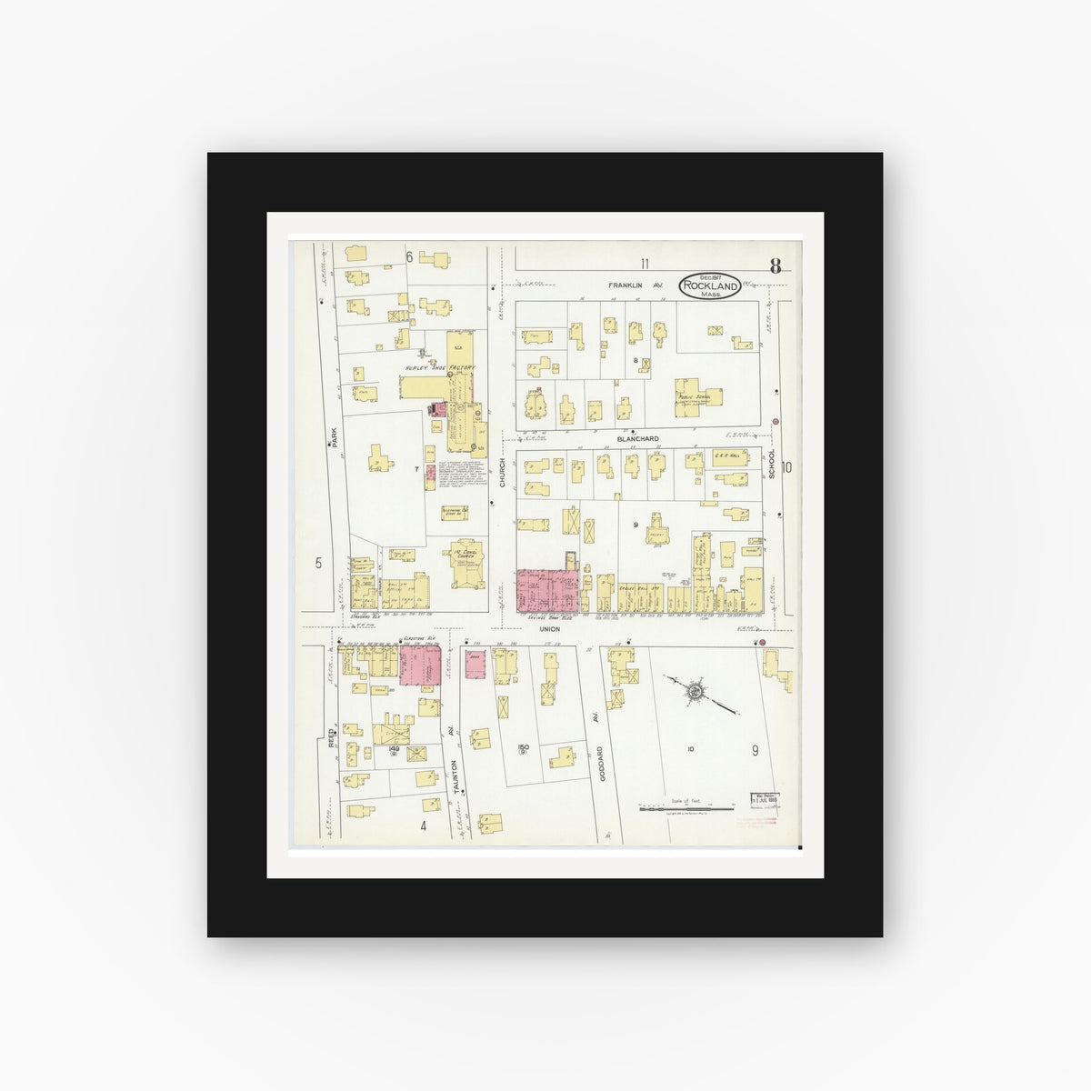Old map wall art mockup — black gallery frame with white mat — Sanborn Fire Insurance Map from Rockland, Plymouth County, Massachusetts (1917), Sheet #0008