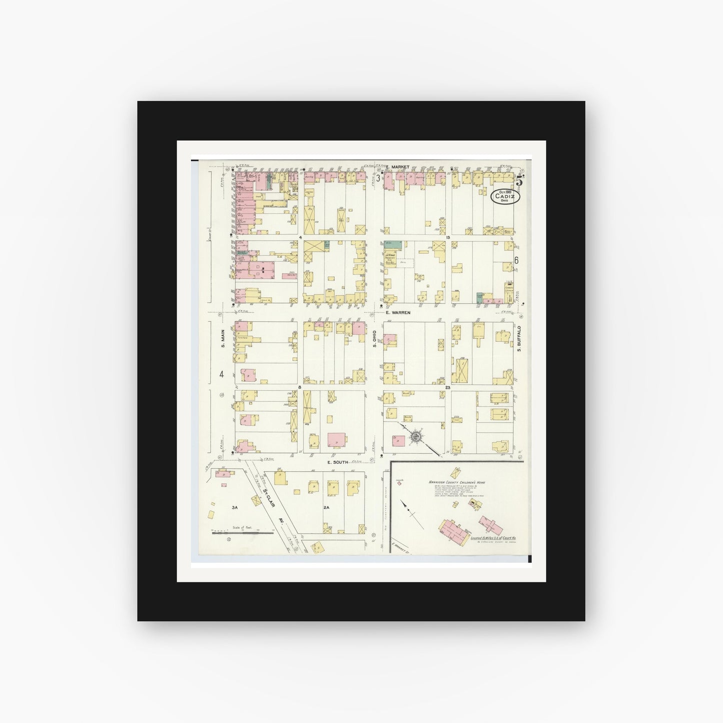 Old map wall art mockup — black gallery frame with white mat — Sanborn Fire Insurance Map from Cadiz, Harrison County, Ohio (1909), Sheet #0005