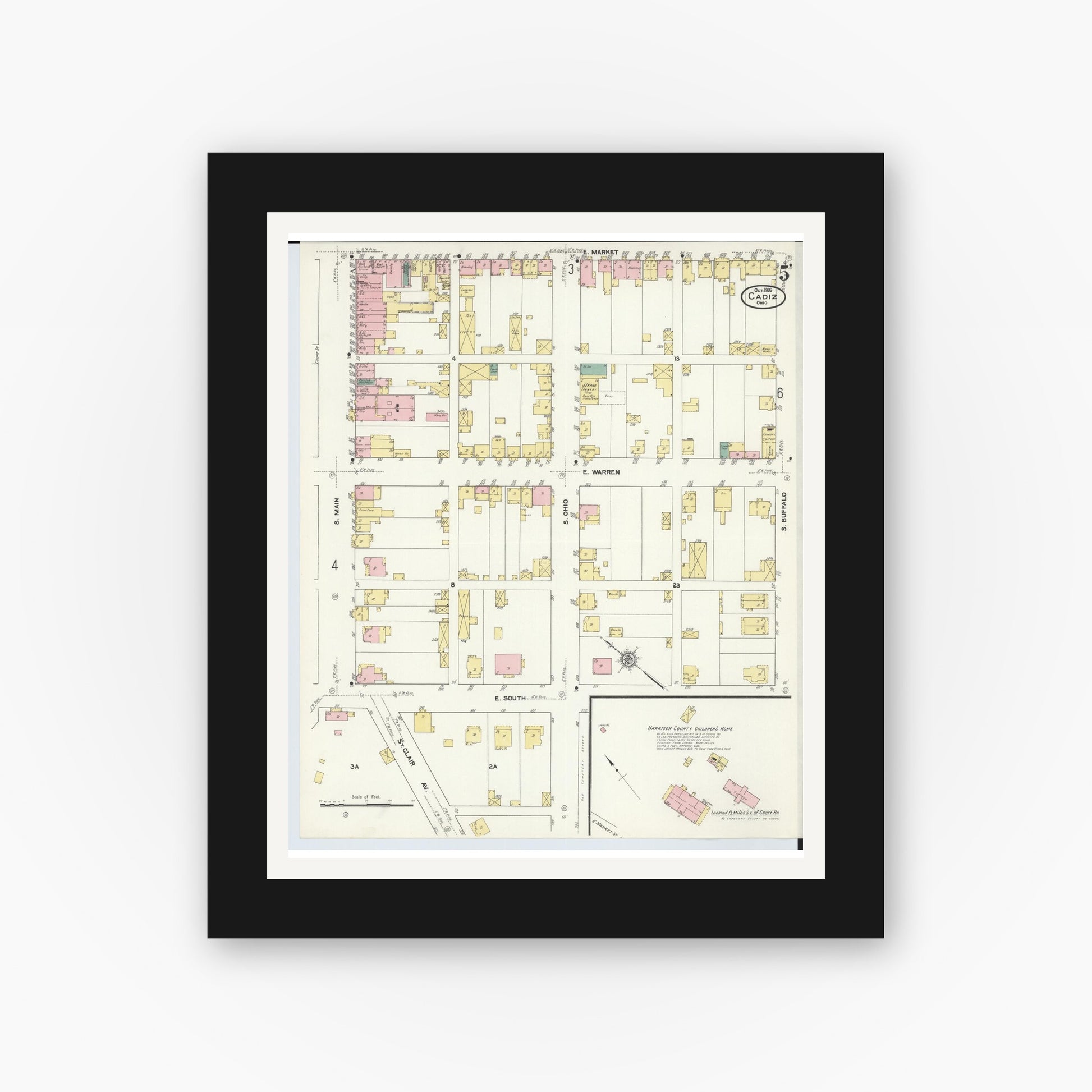 Old map wall art mockup — black gallery frame with white mat — Sanborn Fire Insurance Map from Cadiz, Harrison County, Ohio (1909), Sheet #0005