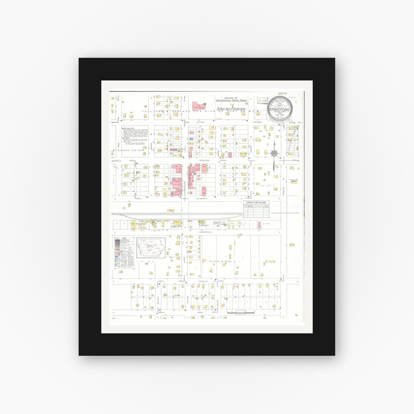 Old map wall art mockup — black gallery frame with white mat — Sanborn Fire Insurance Map from Stratford, Hamilton County, Iowa (1935), Sheet #0001