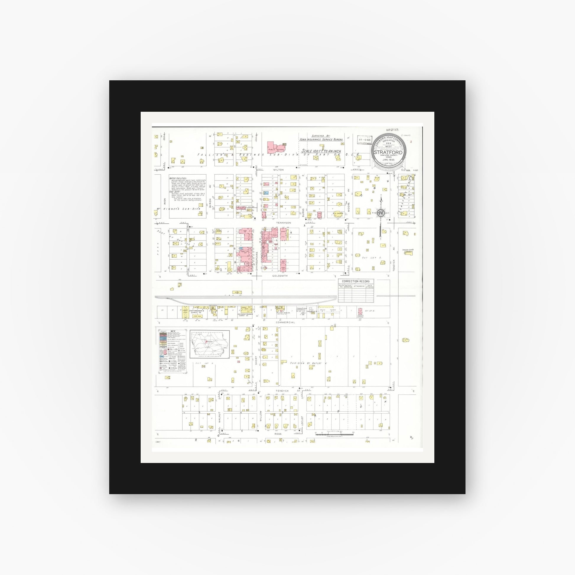 Old map wall art mockup — black gallery frame with white mat — Sanborn Fire Insurance Map from Stratford, Hamilton County, Iowa (1935), Sheet #0001