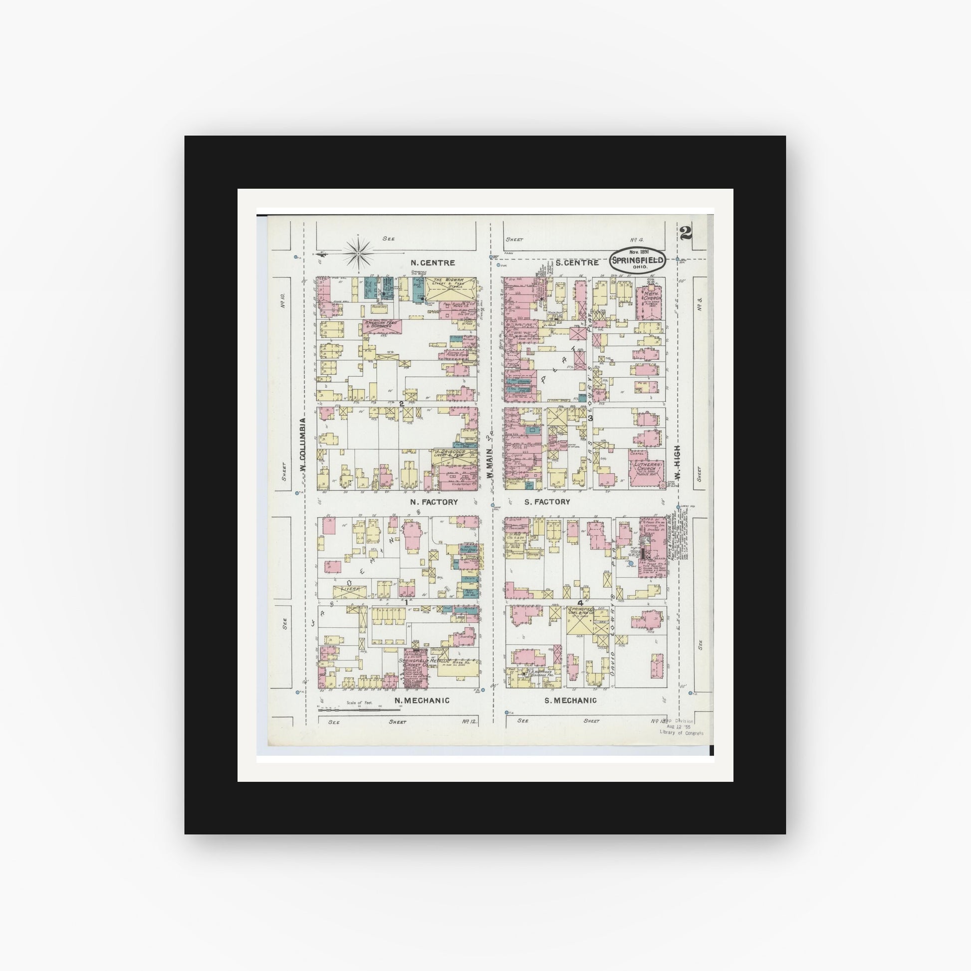 Old map wall art mockup — black gallery frame with white mat — Sanborn Fire Insurance Map from Springfield, Clark County, Ohio (1891), Sheet #0002