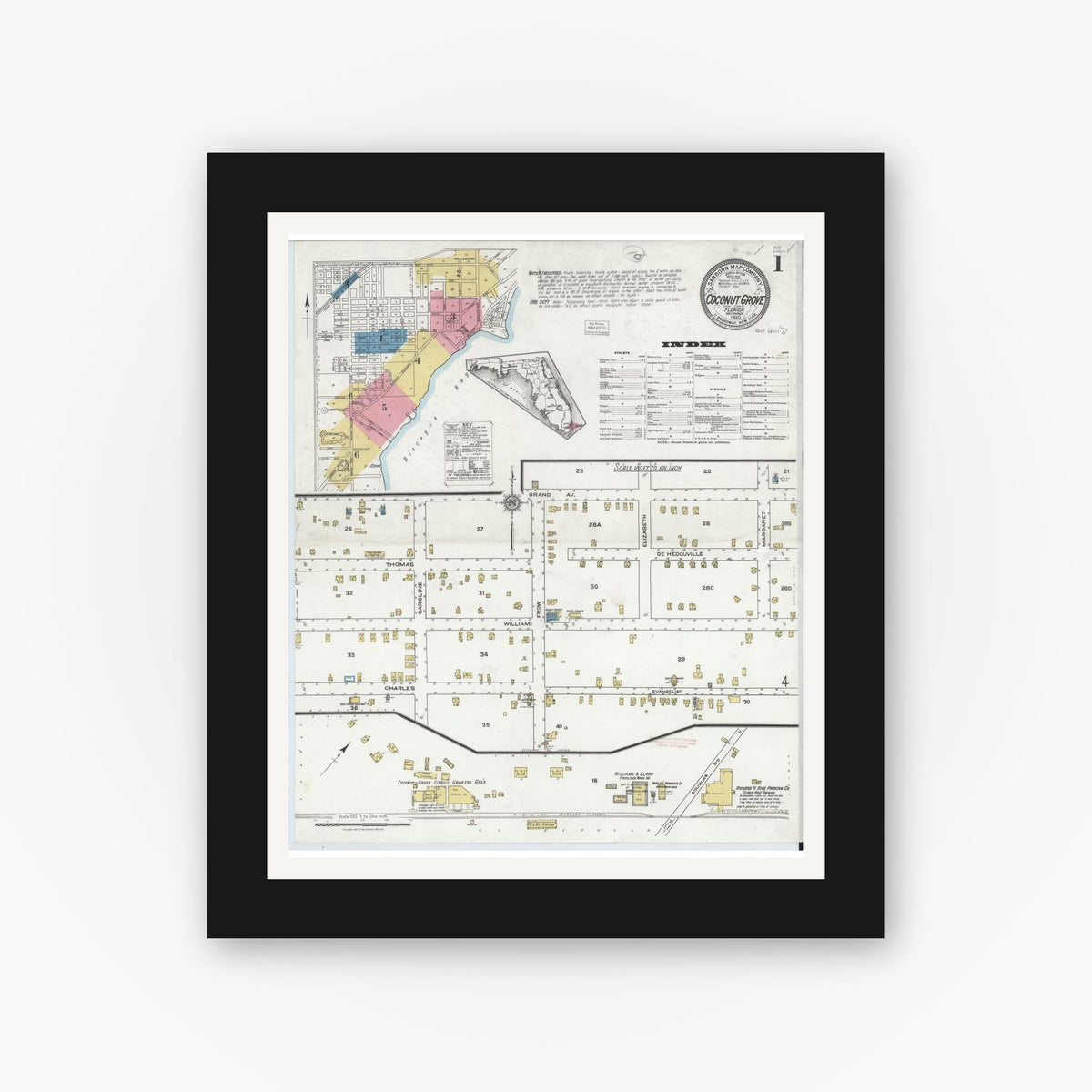 Old map wall art mockup — black gallery frame with white mat — Sanborn Fire Insurance Map from Coconut Grove, Dade County, Florida (1920) - Complete Map Set
