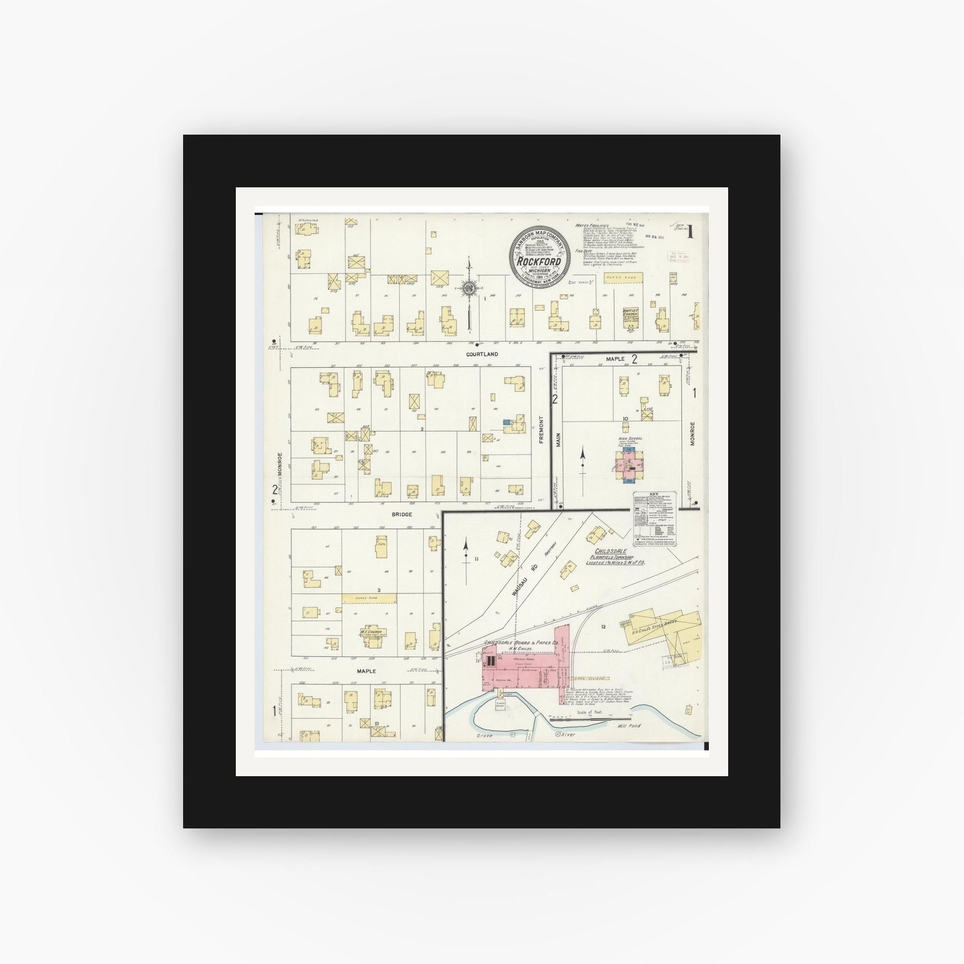Old map wall art mockup — black gallery frame with white mat — Sanborn Fire Insurance Map from Rockford, Kent County, Michigan (1911) - Complete Map Set
