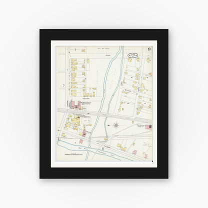 Old map wall art mockup — black gallery frame with white mat — Sanborn Fire Insurance Map from Milton, Northumberland County, Pennsylvania (1896), Sheet #0009