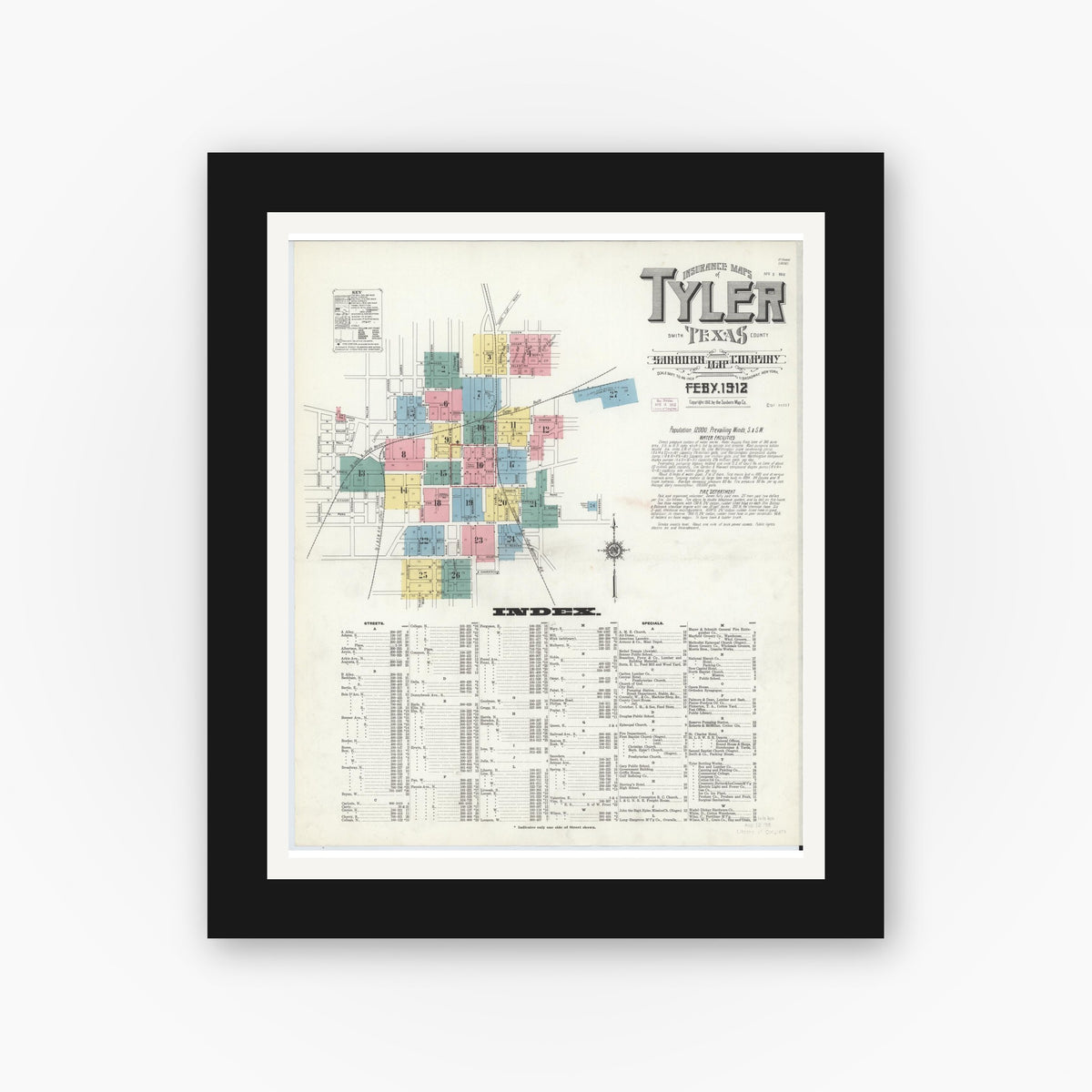 Old map wall art mockup — black gallery frame with white mat — Sanborn Fire Insurance Map from Tyler, Smith County, Texas (1912), Sheet #0001