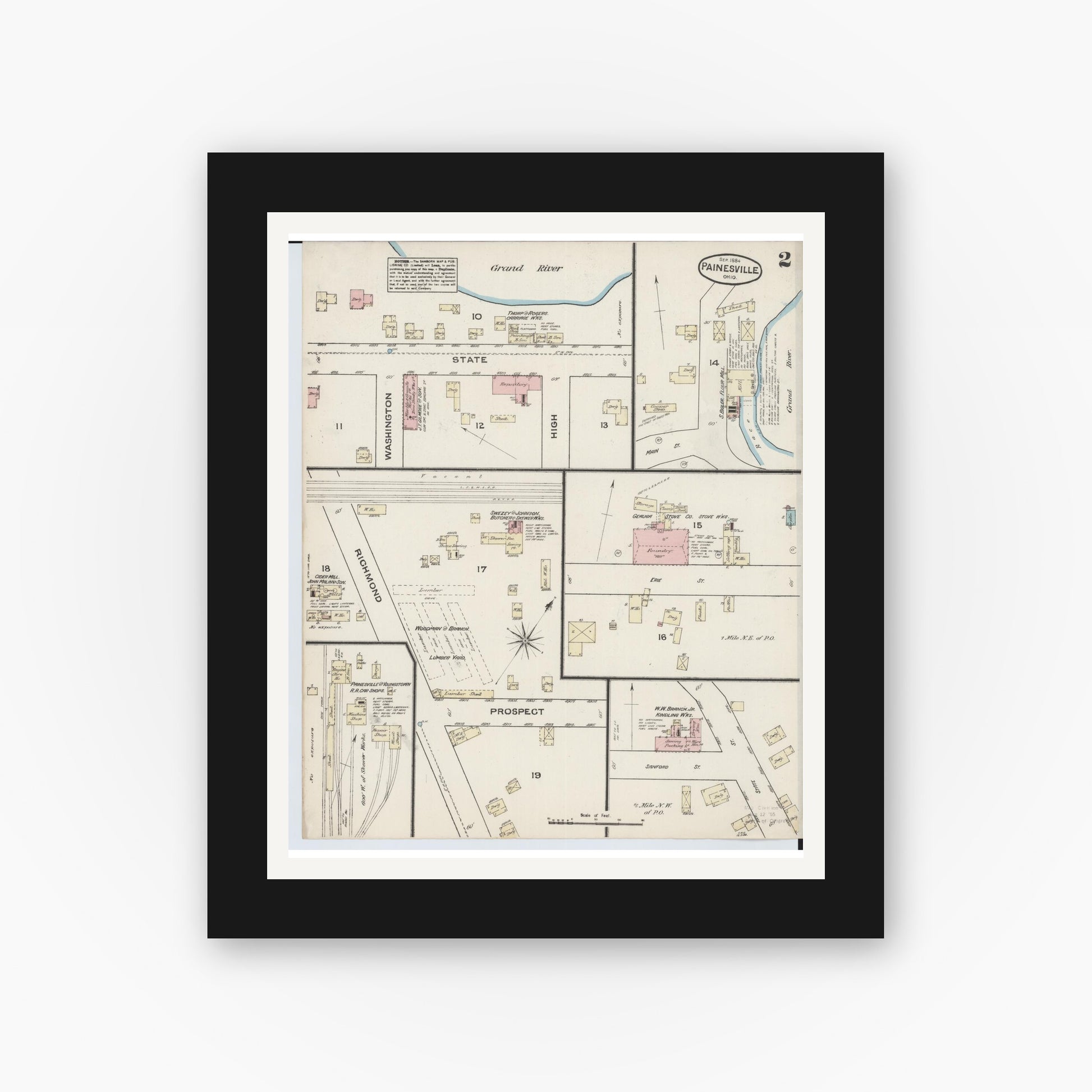 Old map wall art mockup — black gallery frame with white mat — Sanborn Fire Insurance Map from Painesville, Lake County, Ohio (1884), Sheet #0002