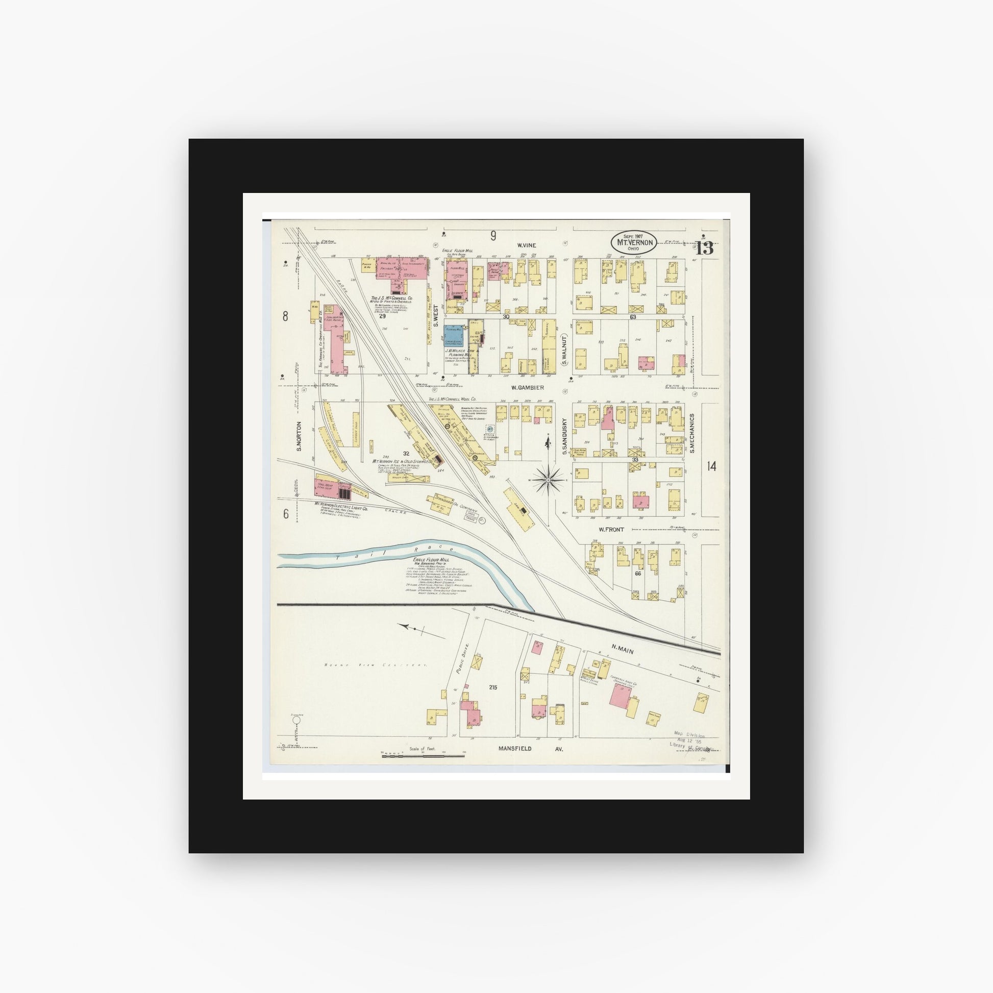 Old map wall art mockup — black gallery frame with white mat — Sanborn Fire Insurance Map from Mount Vernon, Knox County, Ohio (1907), Sheet #0013