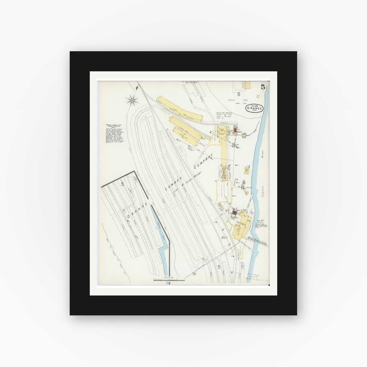Old map wall art mockup — black gallery frame with white mat — Sanborn Fire Insurance Map from Orange, Orange County, Texas (1896), Sheet #0005