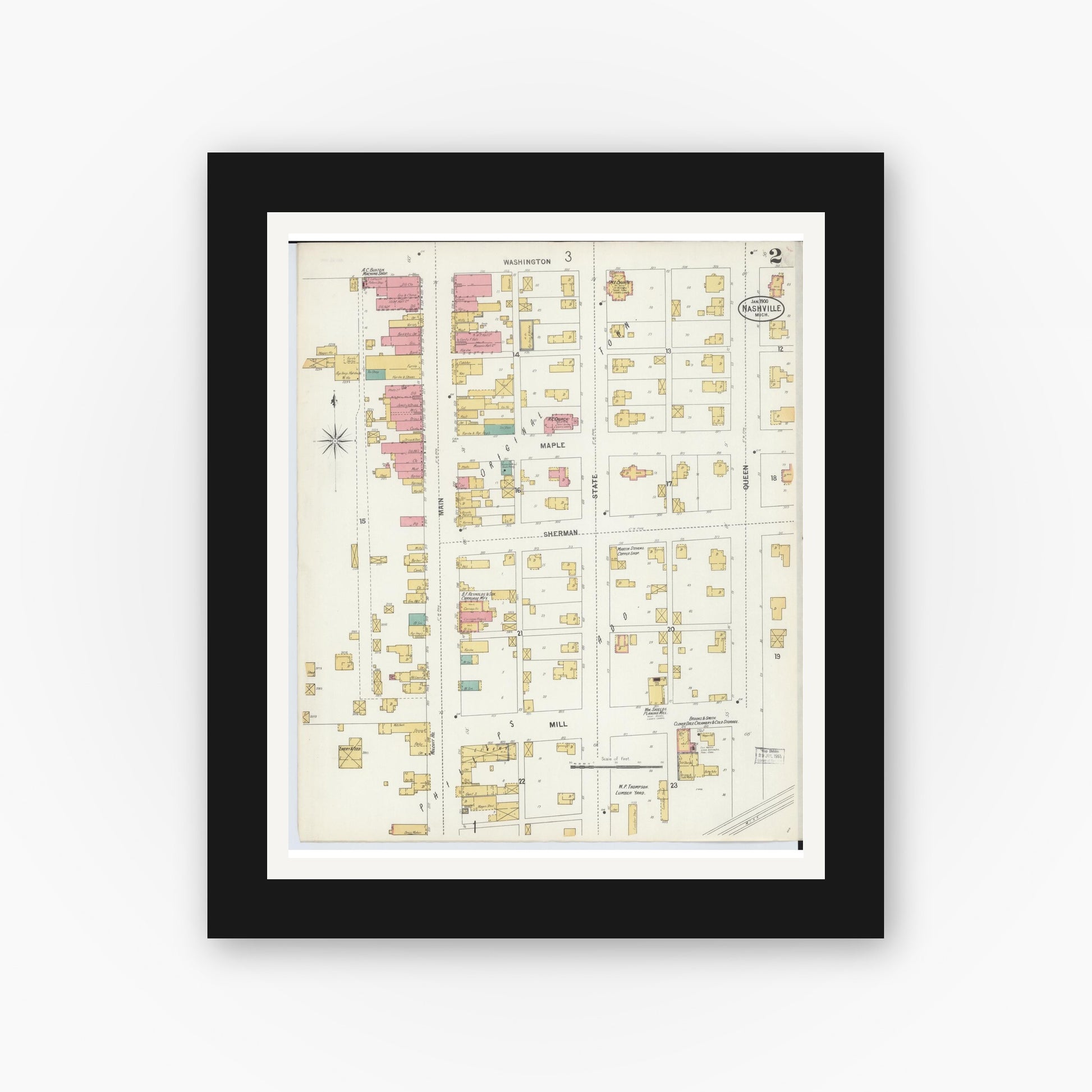 Old map wall art mockup — black gallery frame with white mat — Sanborn Fire Insurance Map from Nashville, Barry County, Michigan (1900), Sheet #0002