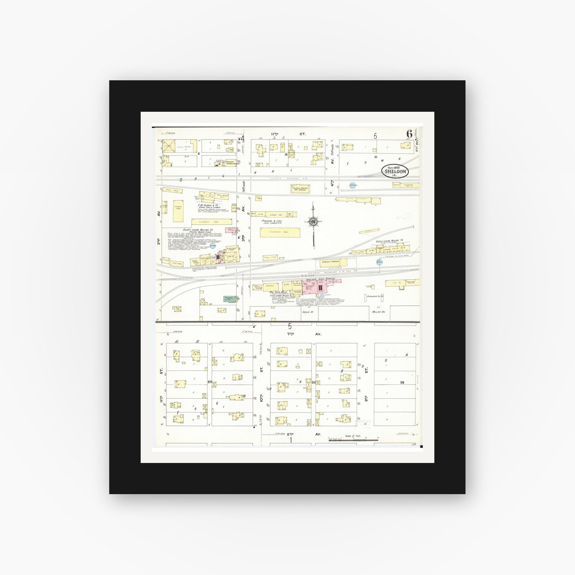 Old map wall art mockup — black gallery frame with white mat — Sanborn Fire Insurance Map from Sheldon, O'Brien County, Iowa (1909), Sheet #0006