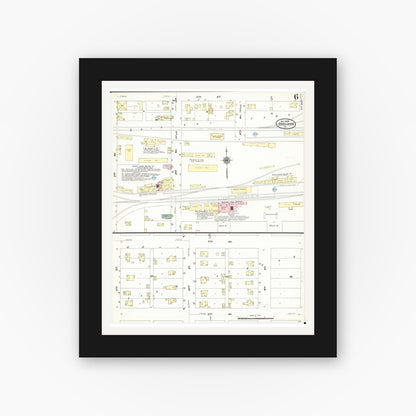 Old map wall art mockup — black gallery frame with white mat — Sanborn Fire Insurance Map from Sheldon, O'Brien County, Iowa (1909), Sheet #0006