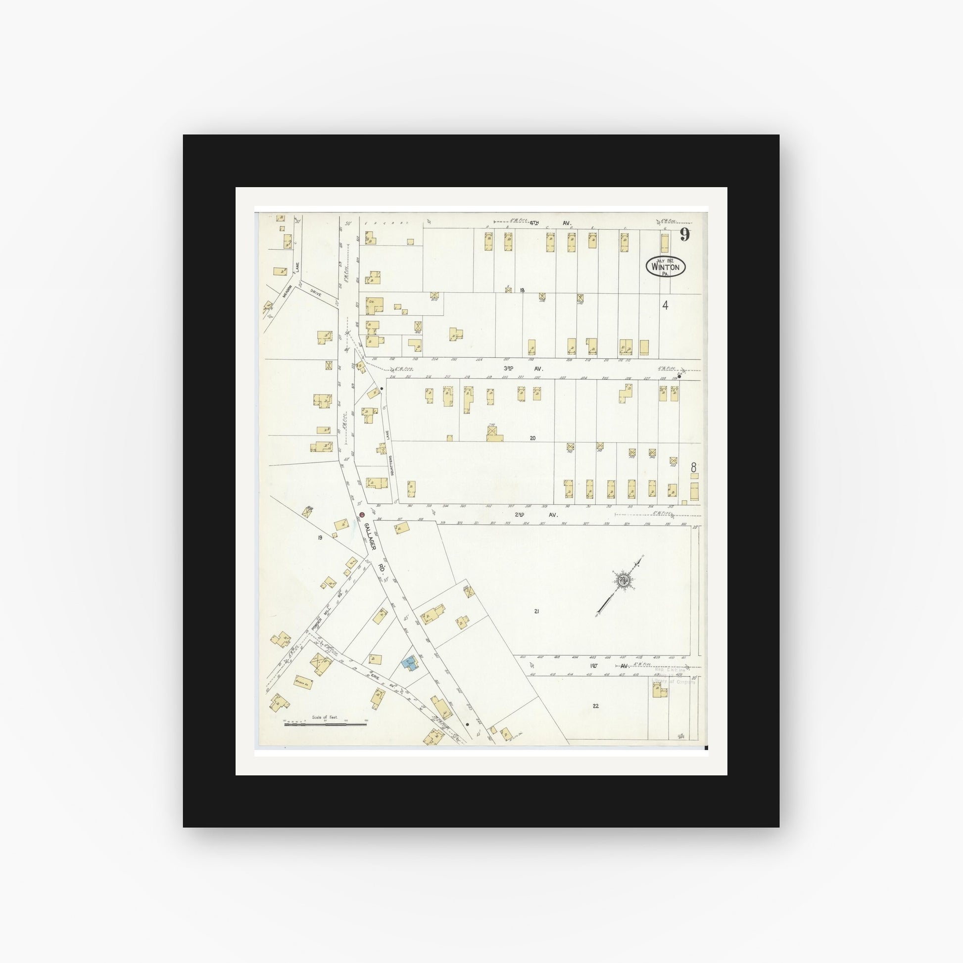 Old map wall art mockup — black gallery frame with white mat — Sanborn Fire Insurance Map from Winton, Lackawanna County, Pennsylvania (1912), Sheet #0009
