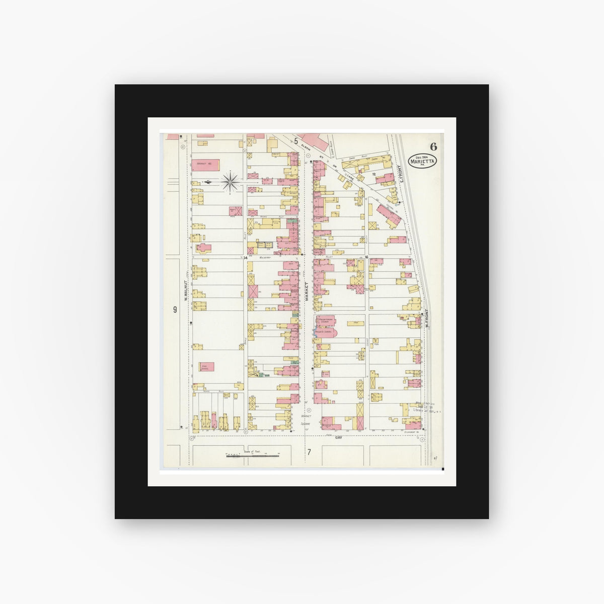 Old map wall art mockup — black gallery frame with white mat — Sanborn Fire Insurance Map from Marietta, Lancaster County, Pennsylvania (1904), Sheet #0006