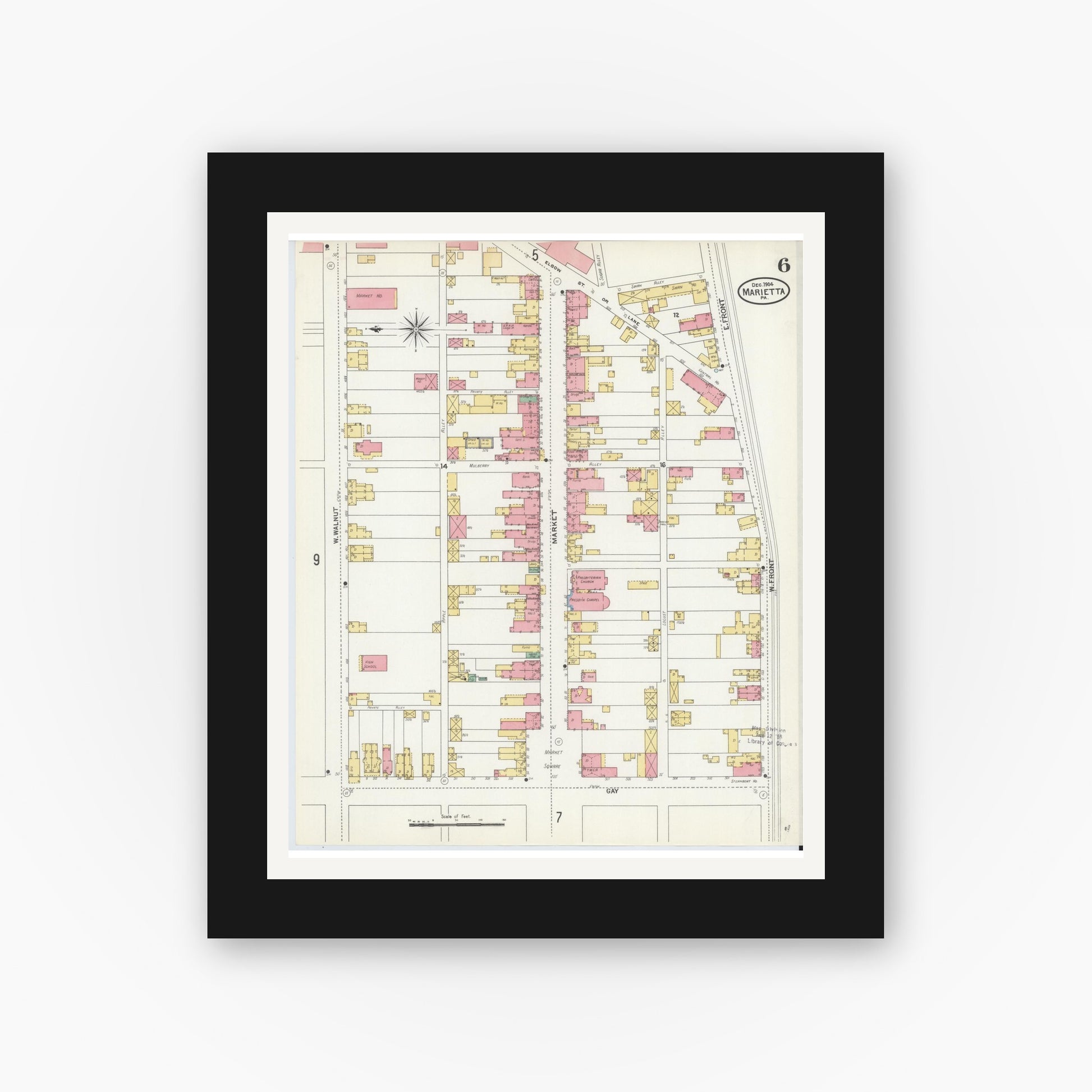 Old map wall art mockup — black gallery frame with white mat — Sanborn Fire Insurance Map from Marietta, Lancaster County, Pennsylvania (1904), Sheet #0006
