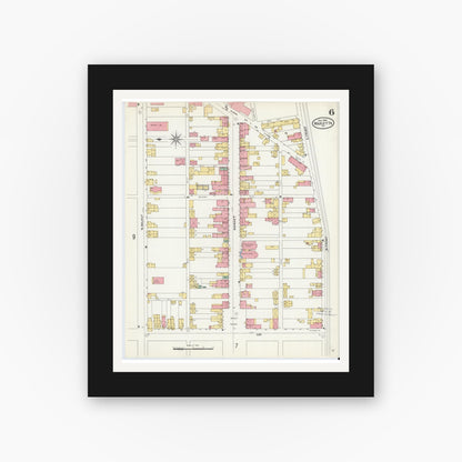 Old map wall art mockup — black gallery frame with white mat — Sanborn Fire Insurance Map from Marietta, Lancaster County, Pennsylvania (1904), Sheet #0006