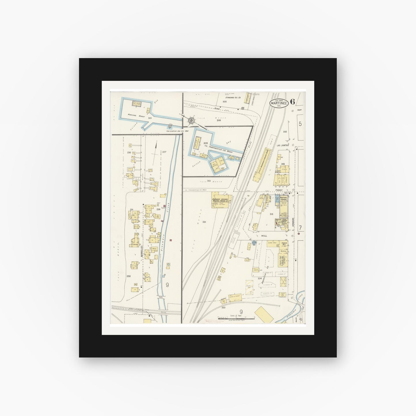 Old map wall art mockup — black gallery frame with white mat — Sanborn Fire Insurance Map from Martinez, Contra Costa County, California (1920), Sheet #0006