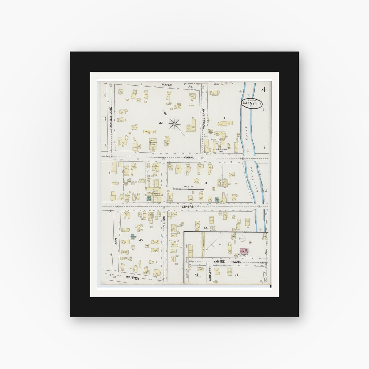 Old map wall art mockup — black gallery frame with white mat — Sanborn Fire Insurance Map from Ellenville, Ulster County, New York (1889), Sheet #0004