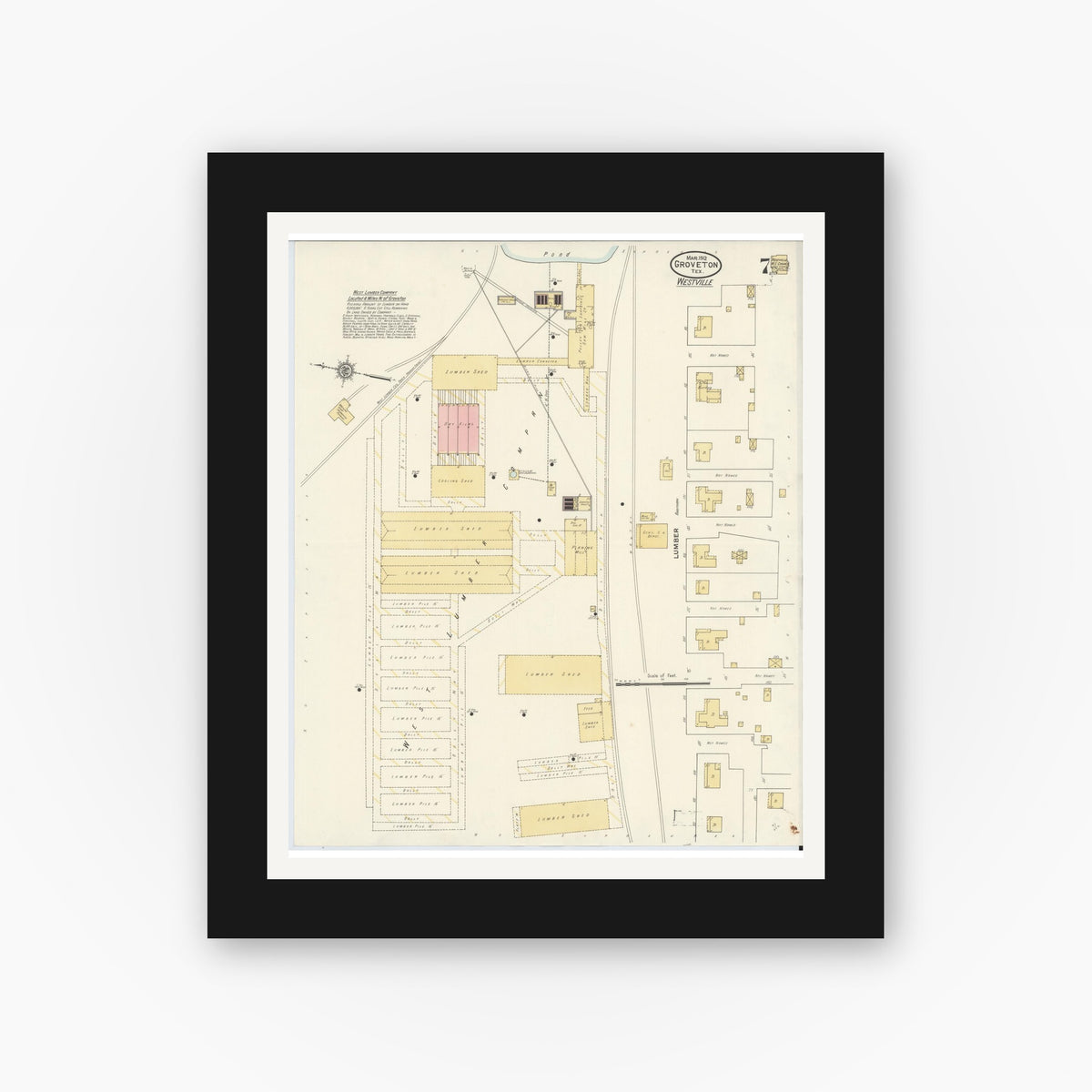 Old map wall art mockup — black gallery frame with white mat — Sanborn Fire Insurance Map from Groveton, Trinity County, Texas (1912), Sheet #0007