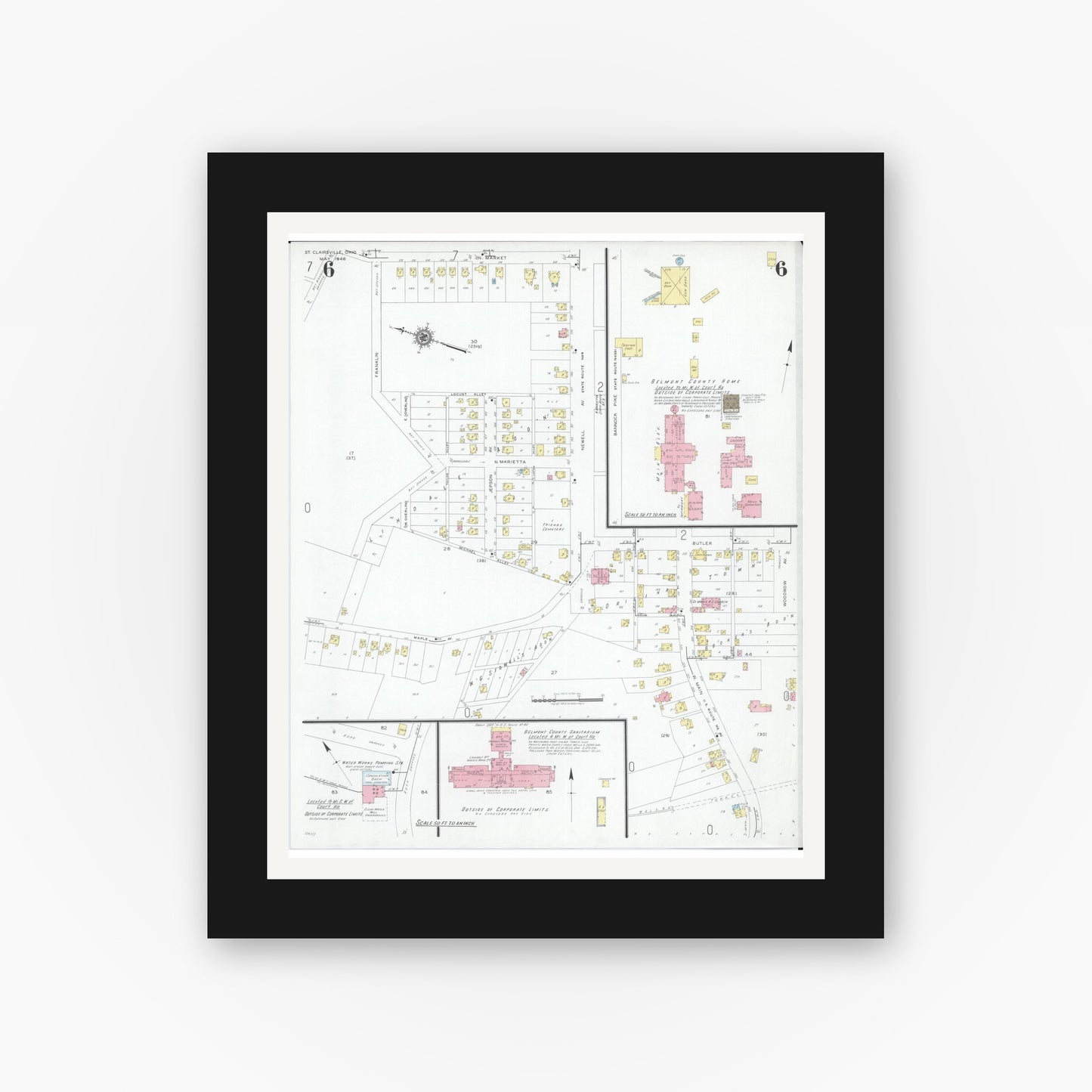 Old map wall art mockup — black gallery frame with white mat — Sanborn Fire Insurance Map from Saint Clairsville, Belmont County, Ohio (1946), Sheet #0006