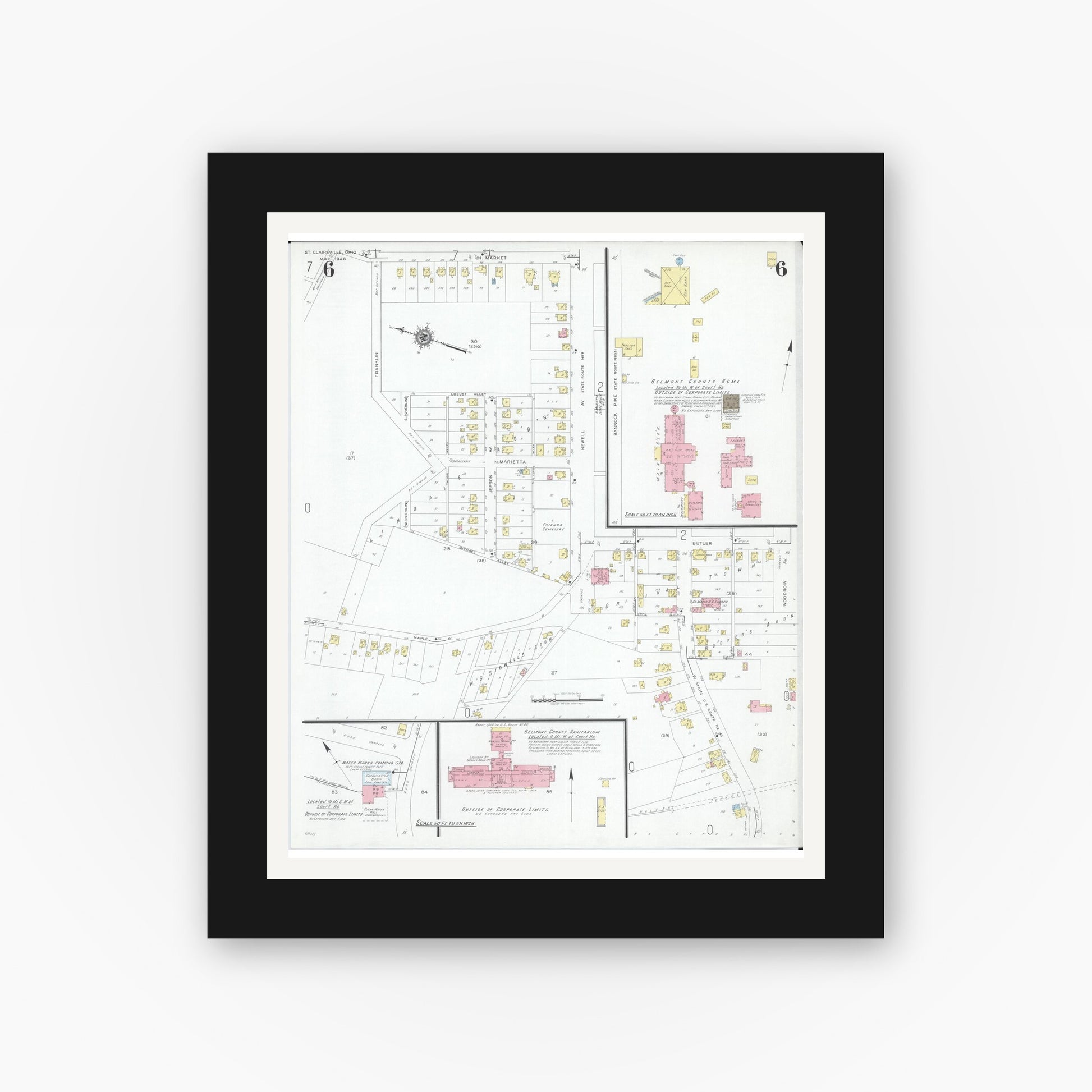 Old map wall art mockup — black gallery frame with white mat — Sanborn Fire Insurance Map from Saint Clairsville, Belmont County, Ohio (1946), Sheet #0006