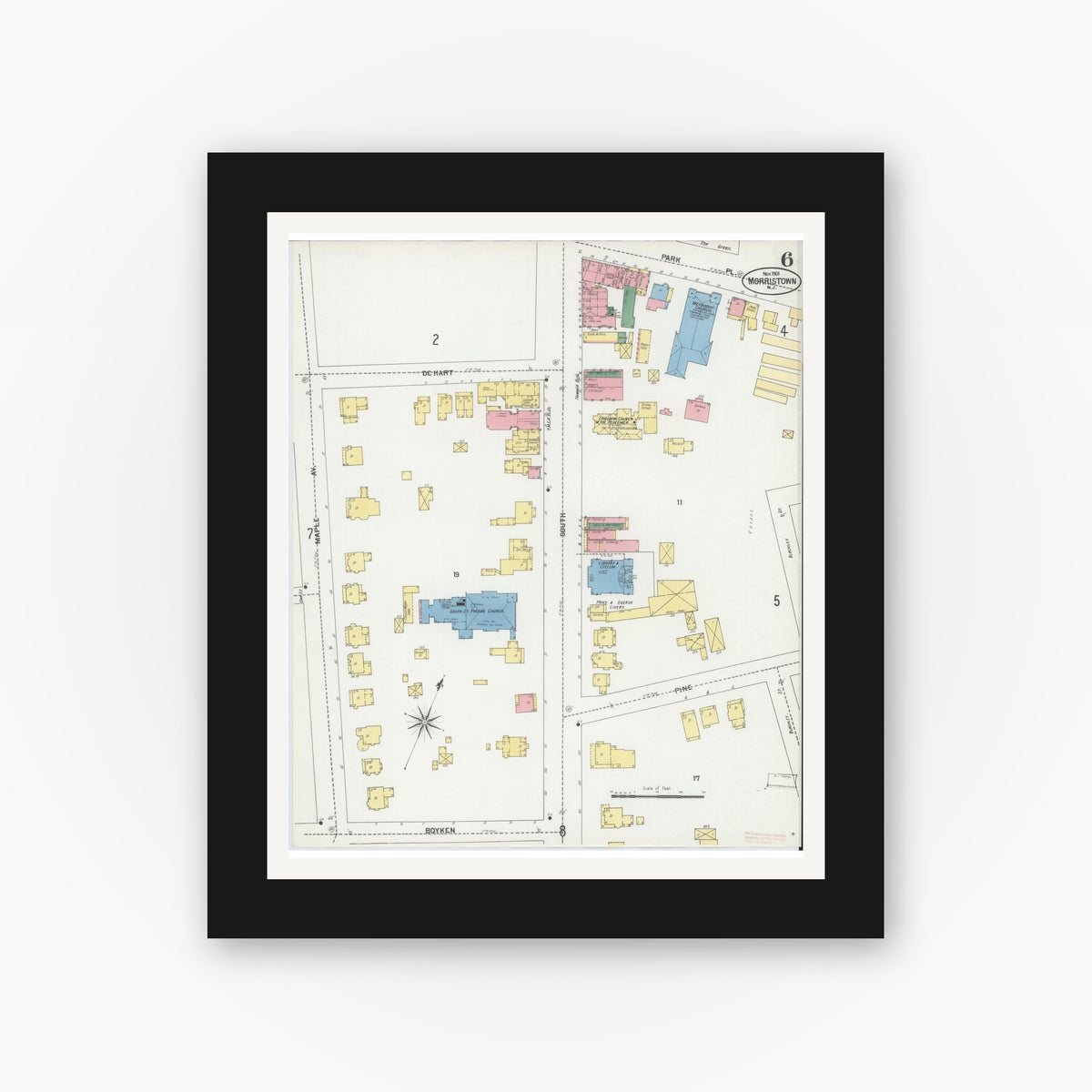Old map wall art mockup — black gallery frame with white mat — Sanborn Fire Insurance Map from Morristown, Morris County, New Jersey (1901), Sheet #0006