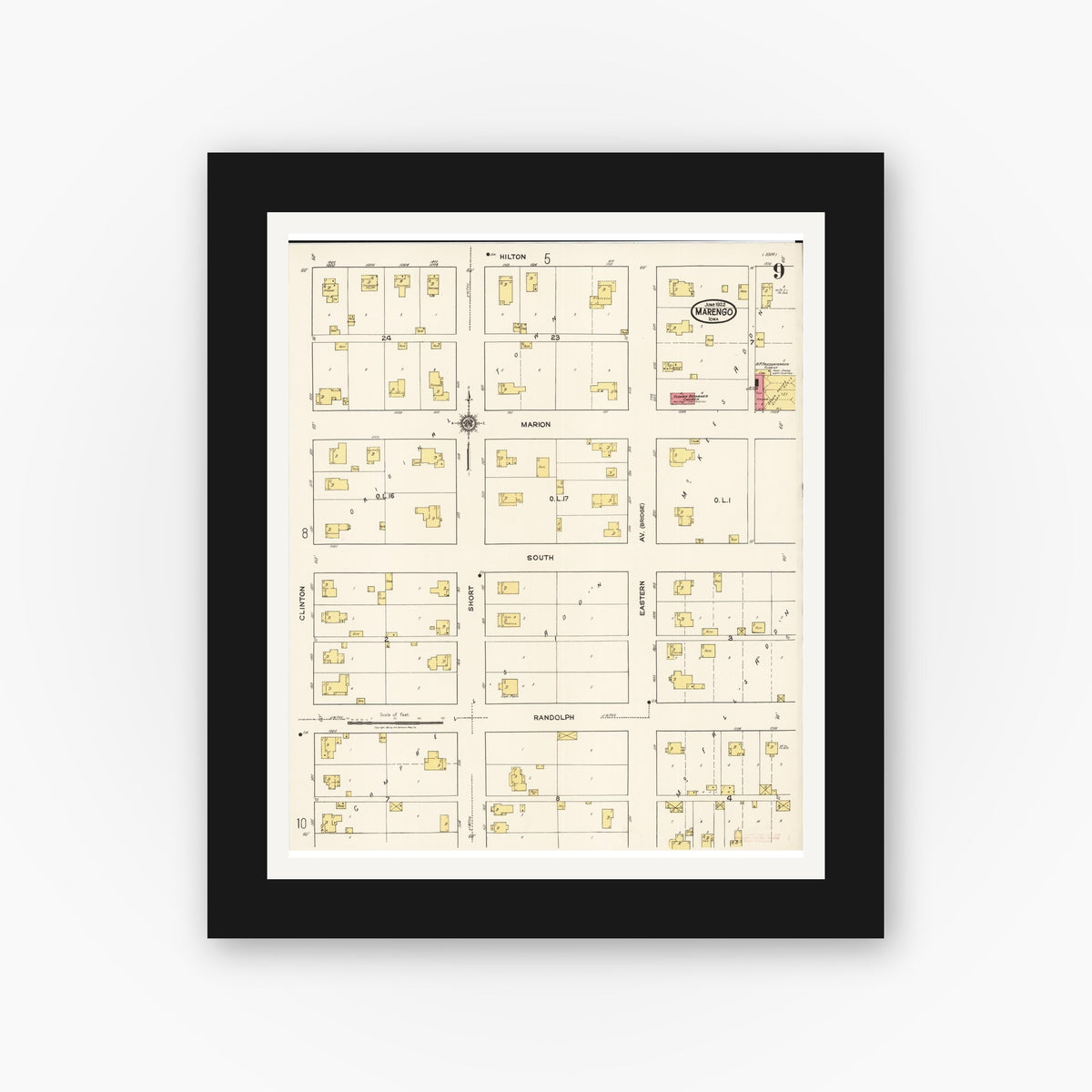 Old map wall art mockup — black gallery frame with white mat — Sanborn Fire Insurance Map from Marengo, Iowa County, Iowa (1922), Sheet #0009