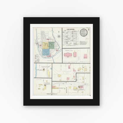 Old map wall art mockup — black gallery frame with white mat — Sanborn Fire Insurance Map from Waynesburg, Greene County, Pennsylvania (1896), Sheet #0001