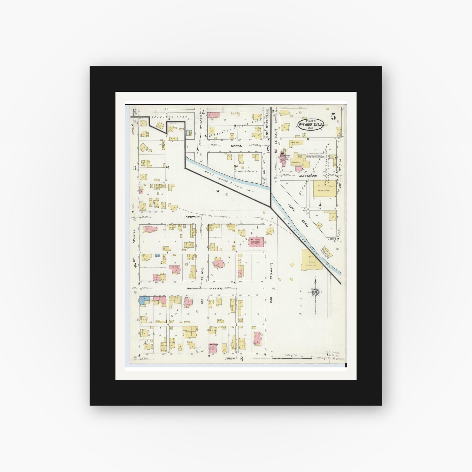 Old map wall art mockup — black gallery frame with white mat — Sanborn Fire Insurance Map from McConnelsville, Morgan County, Ohio (1917), Sheet #0005