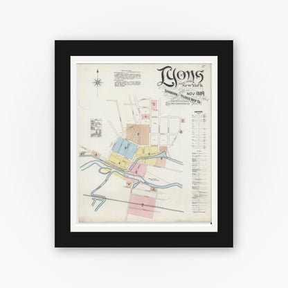 Old map wall art mockup — black gallery frame with white mat — Sanborn Fire Insurance Map from Lyons, Wayne County, New York (1889) - Complete Map Set