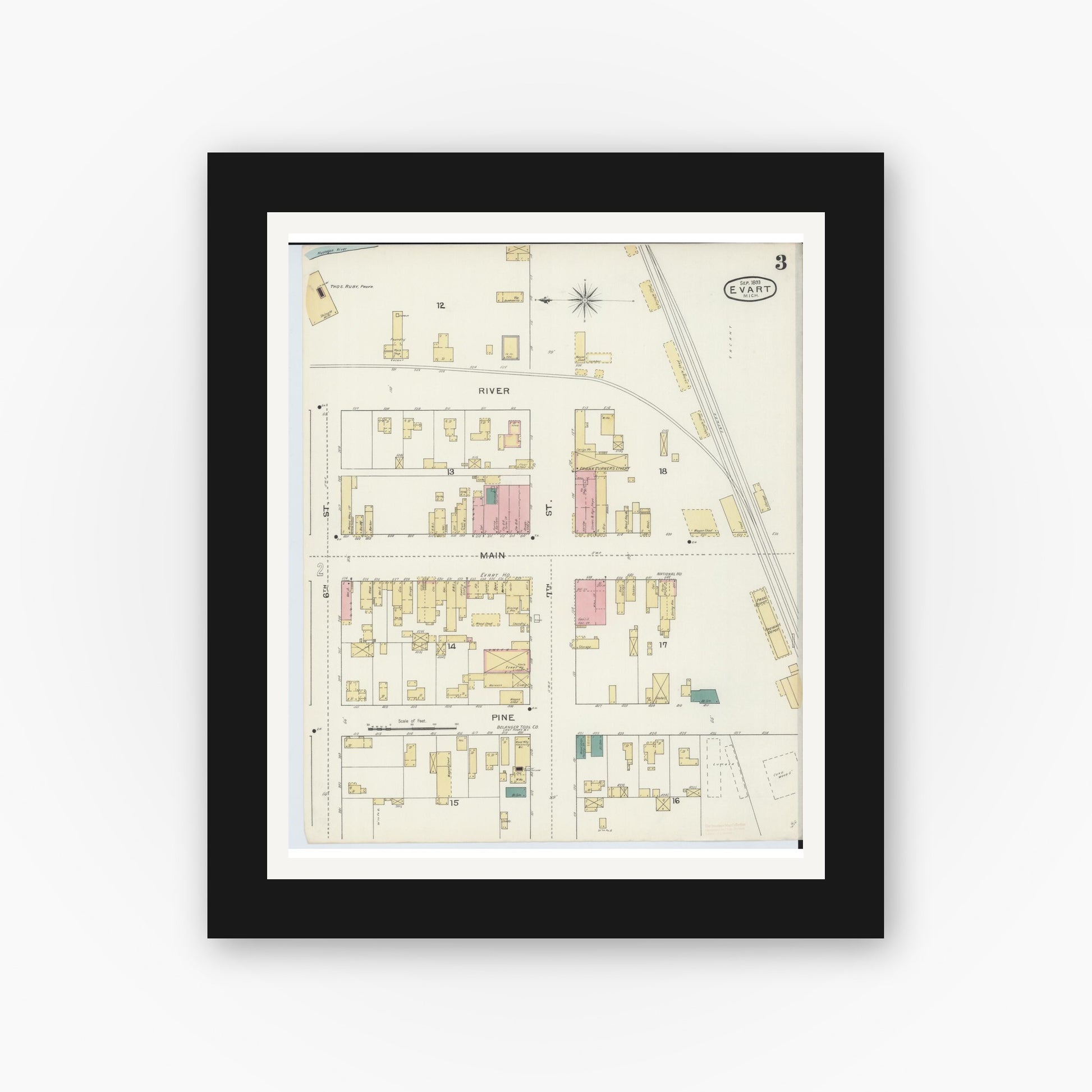 Old map wall art mockup — black gallery frame with white mat — Sanborn Fire Insurance Map from Evart, Osceola County, Michigan (1893), Sheet #0003