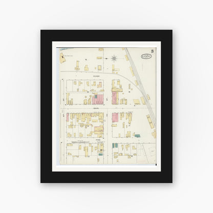 Old map wall art mockup — black gallery frame with white mat — Sanborn Fire Insurance Map from Evart, Osceola County, Michigan (1893), Sheet #0003