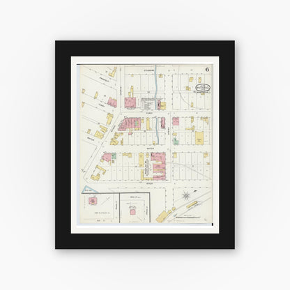 Old map wall art mockup — black gallery frame with white mat — Sanborn Fire Insurance Map from Whitehall, Muskegon County, Michigan (1896), Sheet #0006