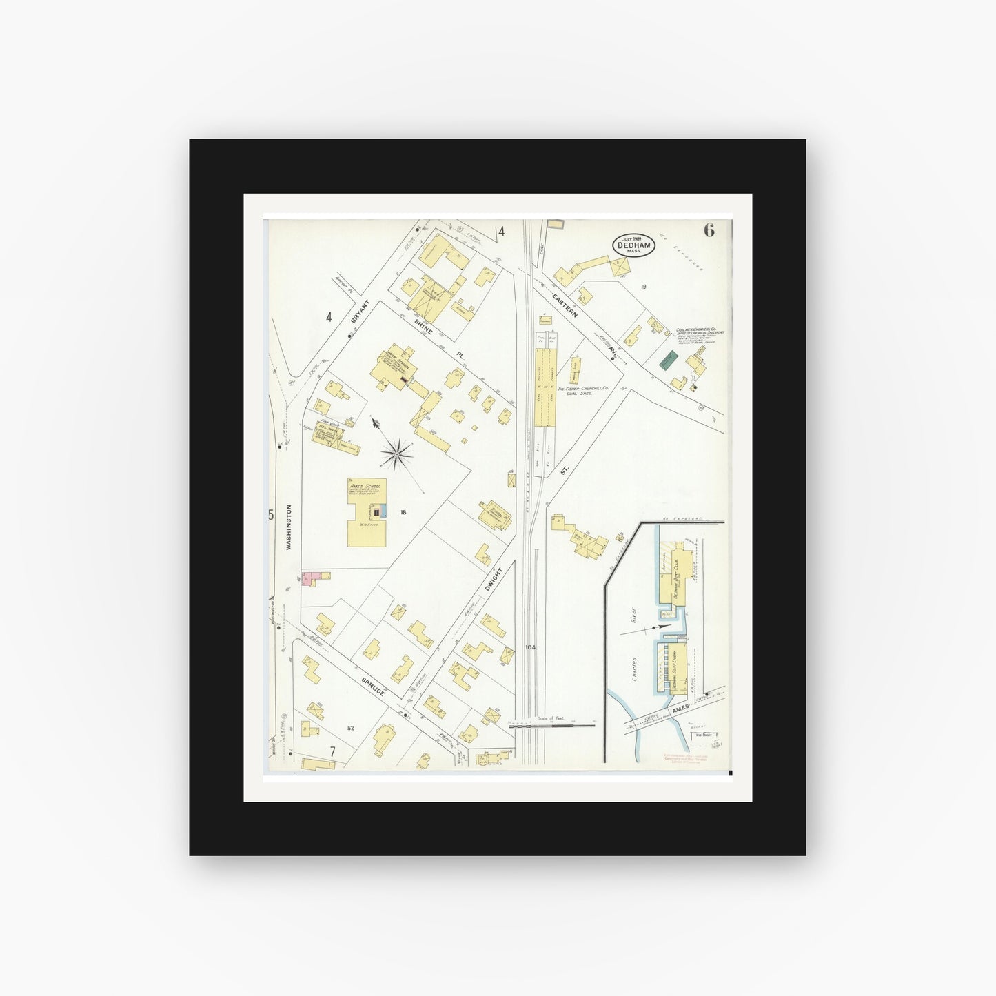 Old map wall art mockup — black gallery frame with white mat — Sanborn Fire Insurance Map from Dedham, Norfolk County, Massachusetts (1909), Sheet #0006