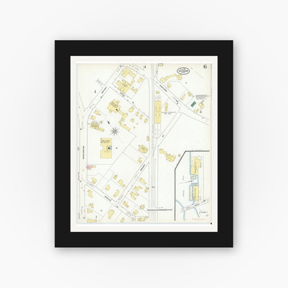 Old map wall art mockup — black gallery frame with white mat — Sanborn Fire Insurance Map from Dedham, Norfolk County, Massachusetts (1909), Sheet #0006