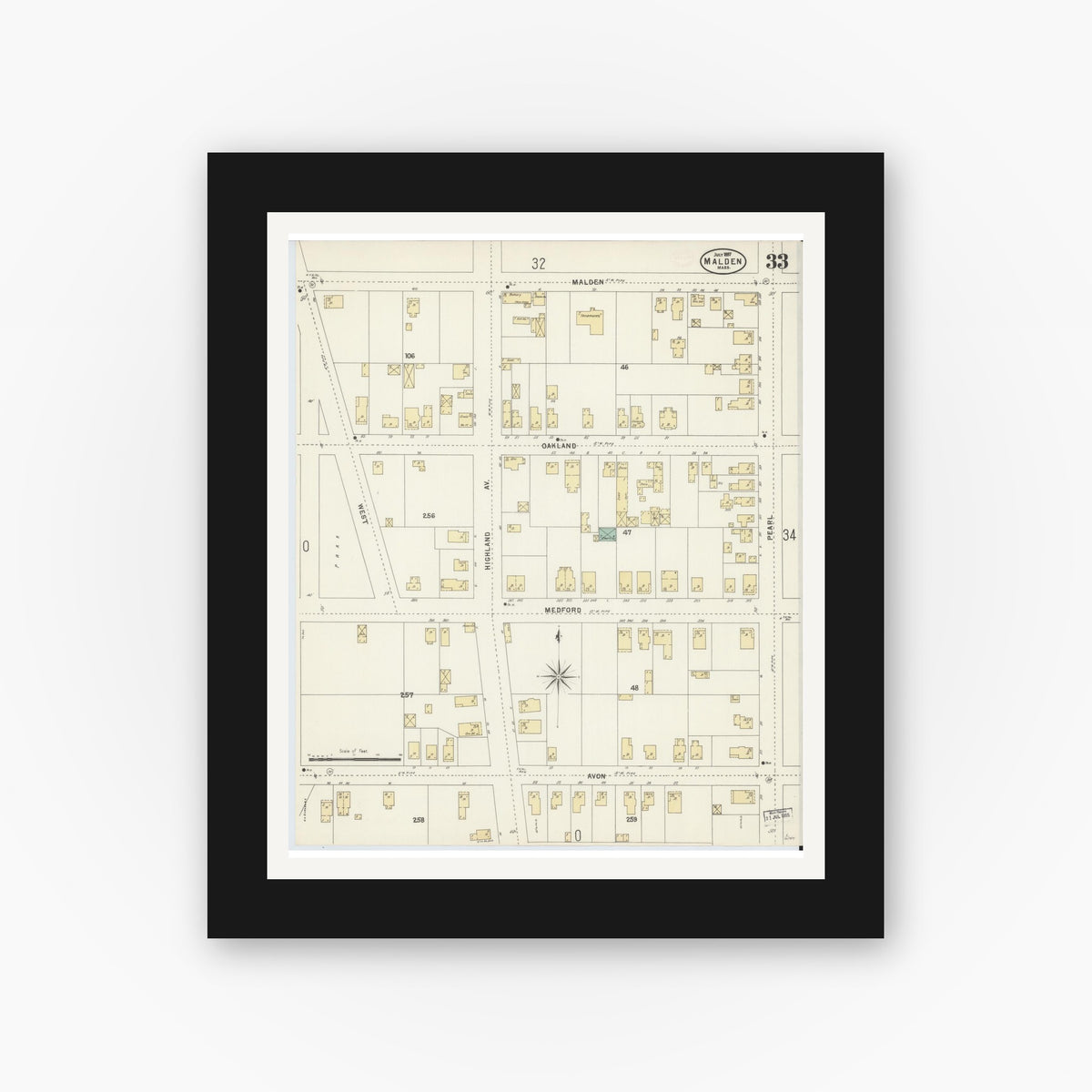 Old map wall art mockup — black gallery frame with white mat — Sanborn Fire Insurance Map from Malden, Middlesex County, Massachusetts (1897), Sheet #0033