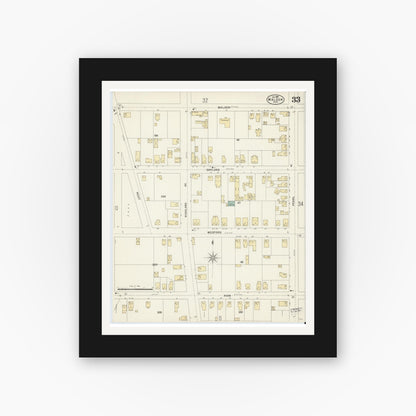 Old map wall art mockup — black gallery frame with white mat — Sanborn Fire Insurance Map from Malden, Middlesex County, Massachusetts (1897), Sheet #0033