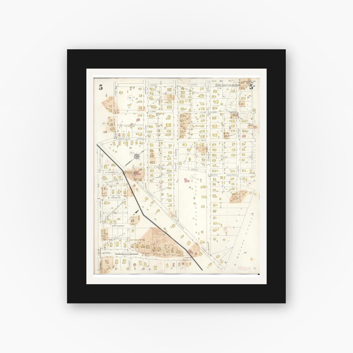 Old map wall art mockup — black gallery frame with white mat — Sanborn Fire Insurance Map from Windsor, Henry County, Missouri (1943), Sheet #0005