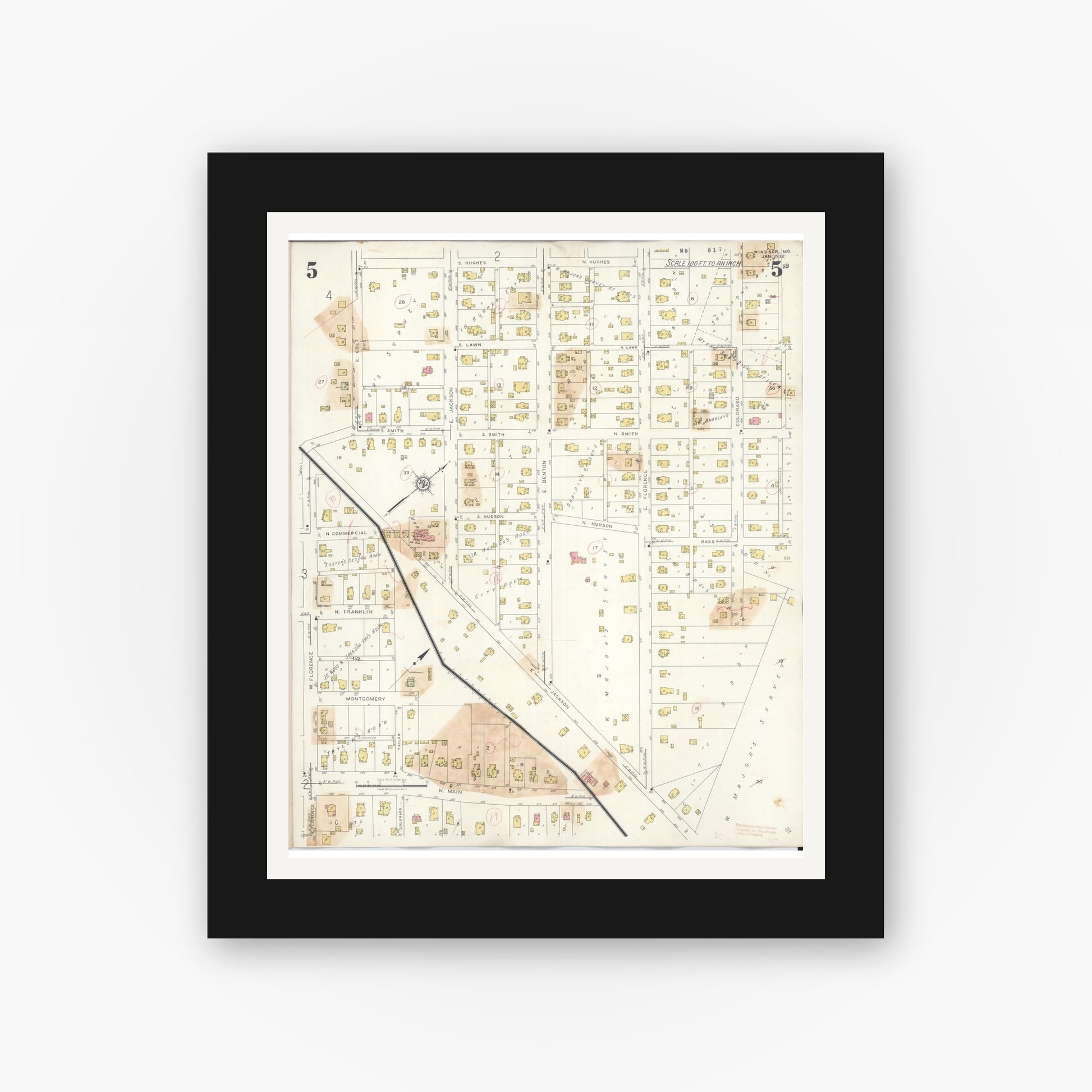 Old map wall art mockup — black gallery frame with white mat — Sanborn Fire Insurance Map from Windsor, Henry County, Missouri (1943), Sheet #0005
