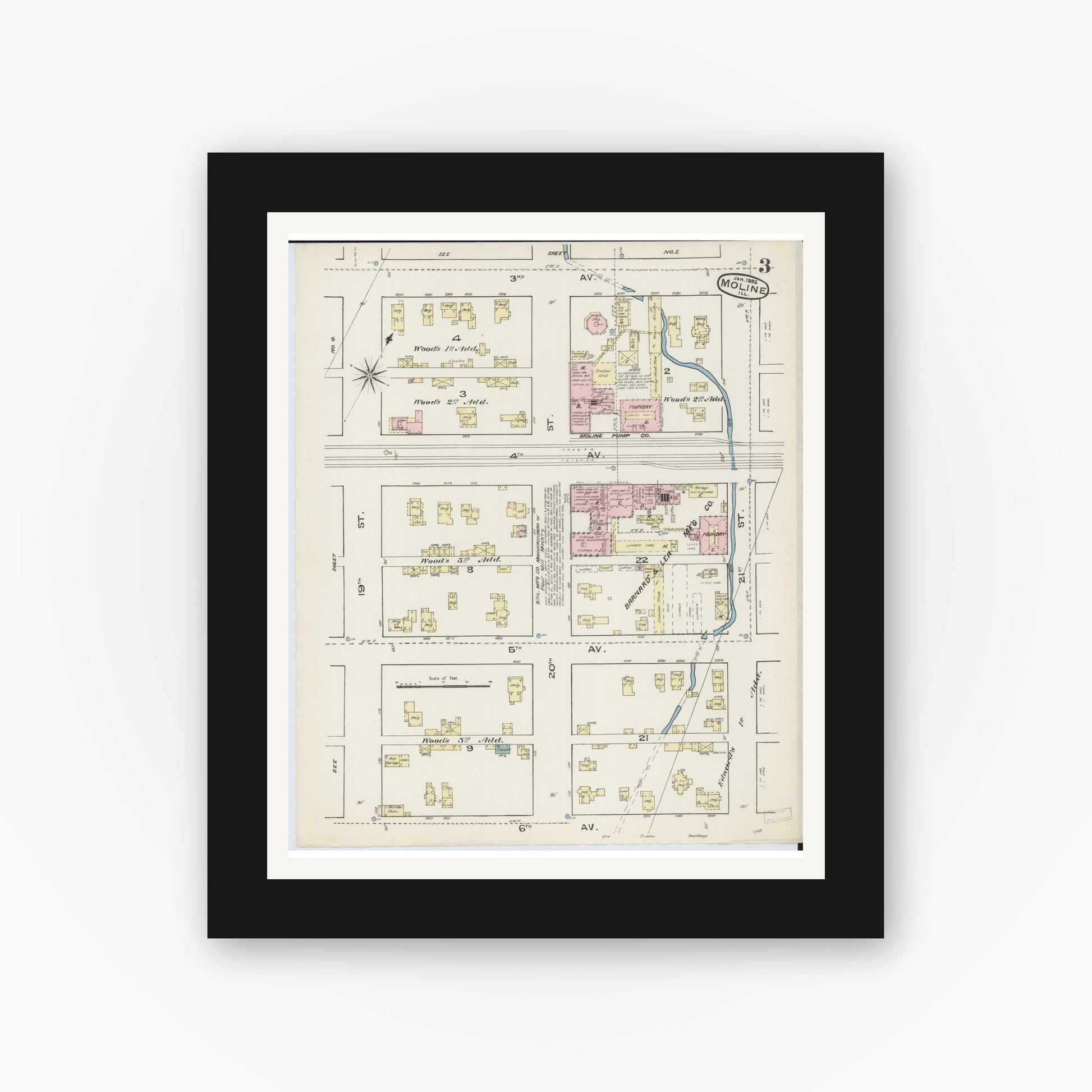 Old map wall art mockup — black gallery frame with white mat — Sanborn Fire Insurance Map from Moline, Rock Island County, Illinois (1886), Sheet #0003