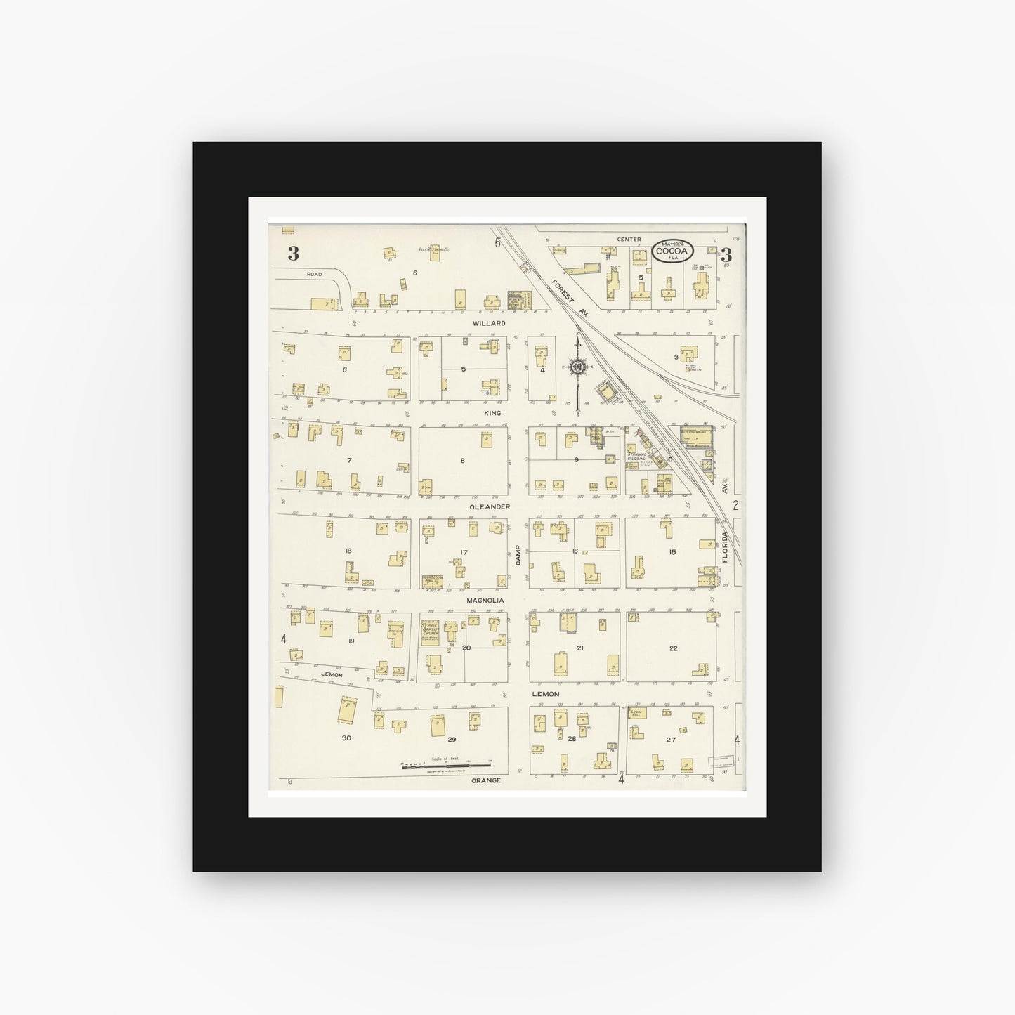 Old map wall art mockup — black gallery frame with white mat — Sanborn Fire Insurance Map from Cocoa, Brevard County, Florida (1924), Sheet #0003