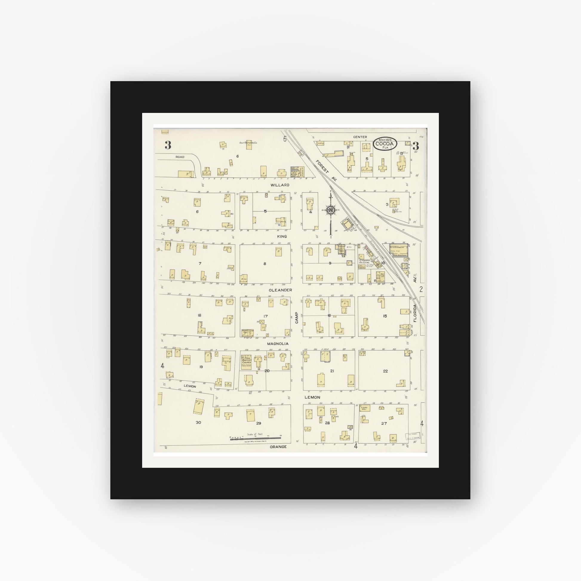 Old map wall art mockup — black gallery frame with white mat — Sanborn Fire Insurance Map from Cocoa, Brevard County, Florida (1924), Sheet #0003