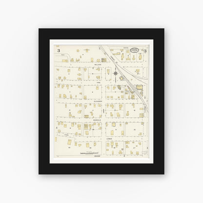 Old map wall art mockup — black gallery frame with white mat — Sanborn Fire Insurance Map from Cocoa, Brevard County, Florida (1924), Sheet #0003