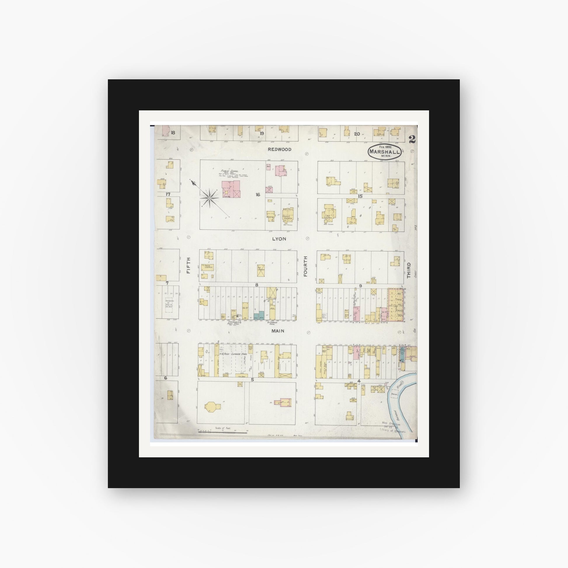 Old map wall art mockup — black gallery frame with white mat — Sanborn Fire Insurance Map from Marshall, Lyon County, Minnesota (1892), Sheet #0002