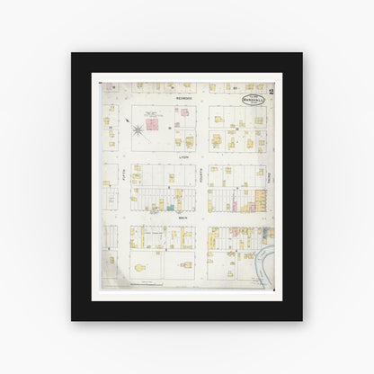 Old map wall art mockup — black gallery frame with white mat — Sanborn Fire Insurance Map from Marshall, Lyon County, Minnesota (1892), Sheet #0002