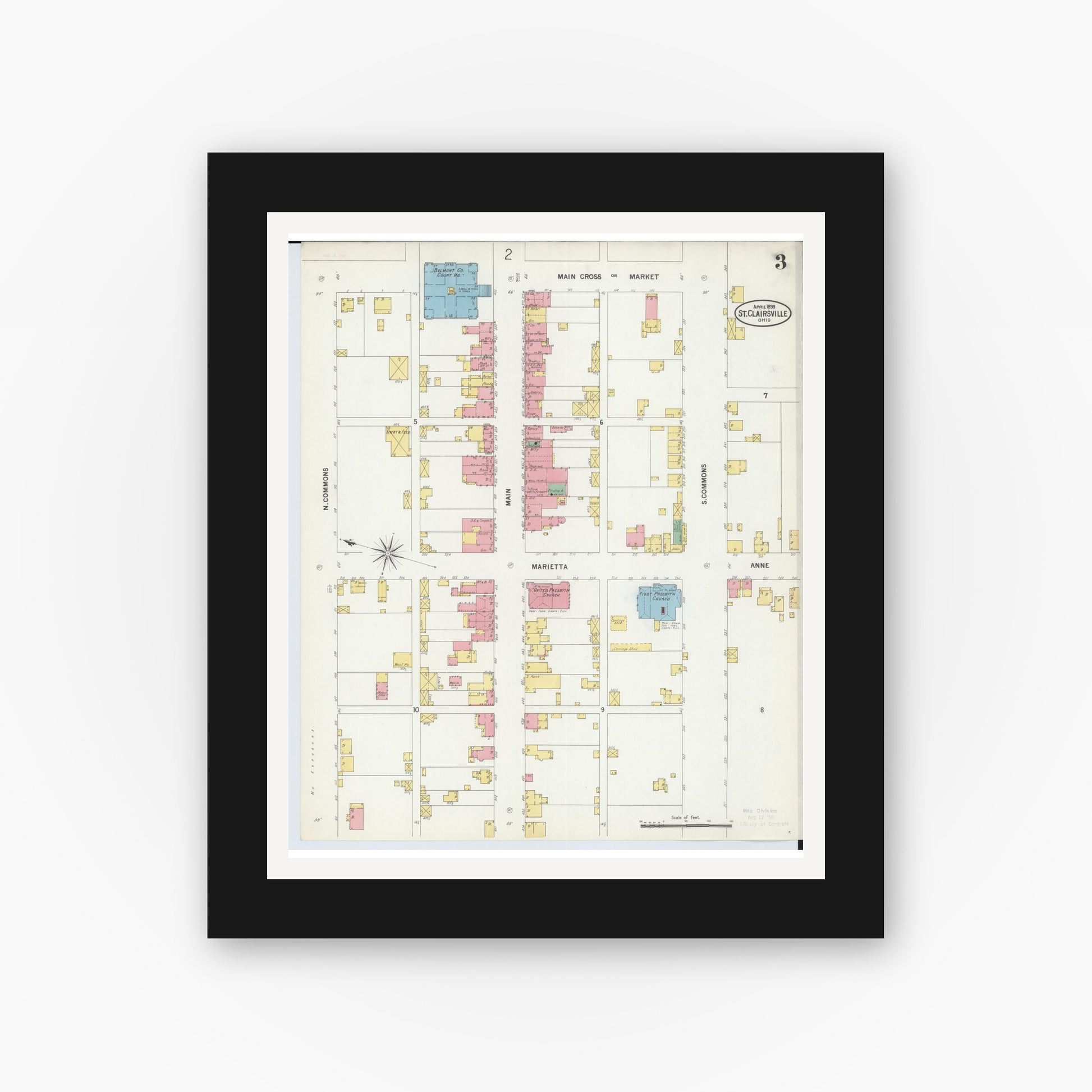 Old map wall art mockup — black gallery frame with white mat — Sanborn Fire Insurance Map from Saint Clairsville, Belmont County, Ohio (1899), Sheet #0003