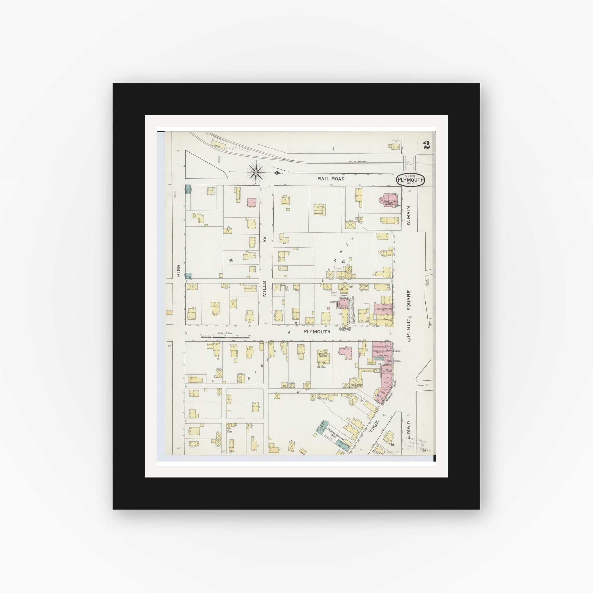 Old map wall art mockup — black gallery frame with white mat — Sanborn Fire Insurance Map from Plymouth, Huron And Richland Counties, Ohio (1893), Sheet #0002